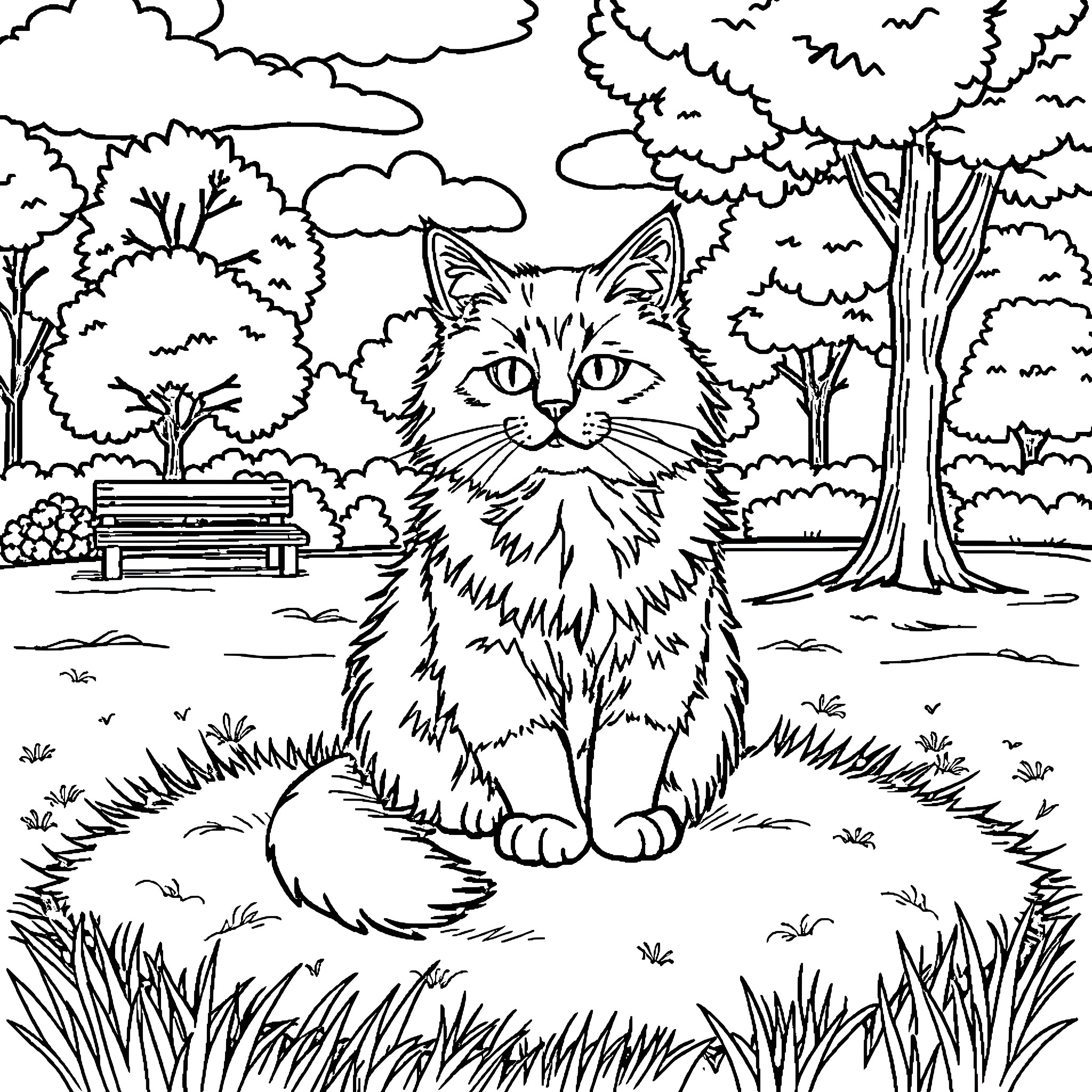Cat in the Enchanted Forest Coloring Page (free black-and-white line drawing printable PDF for all, from beginners to advanced learners, including children, teens, adults, and seniors)