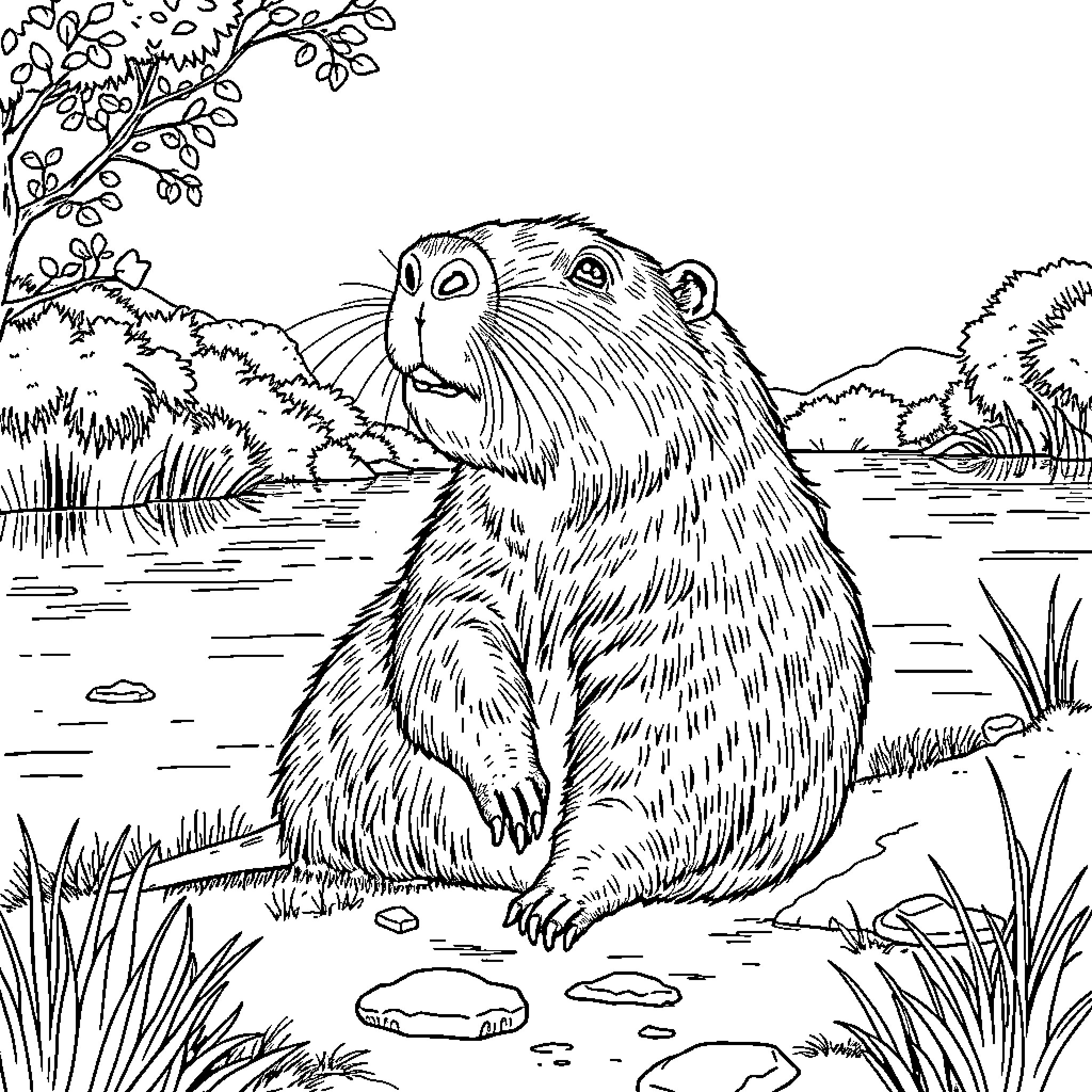 Capybara exploring the peaceful waterside landscape Coloring Page (free black-and-white line drawing printable PDF for all, from beginners to advanced learners, including children, teens, adults, and seniors)