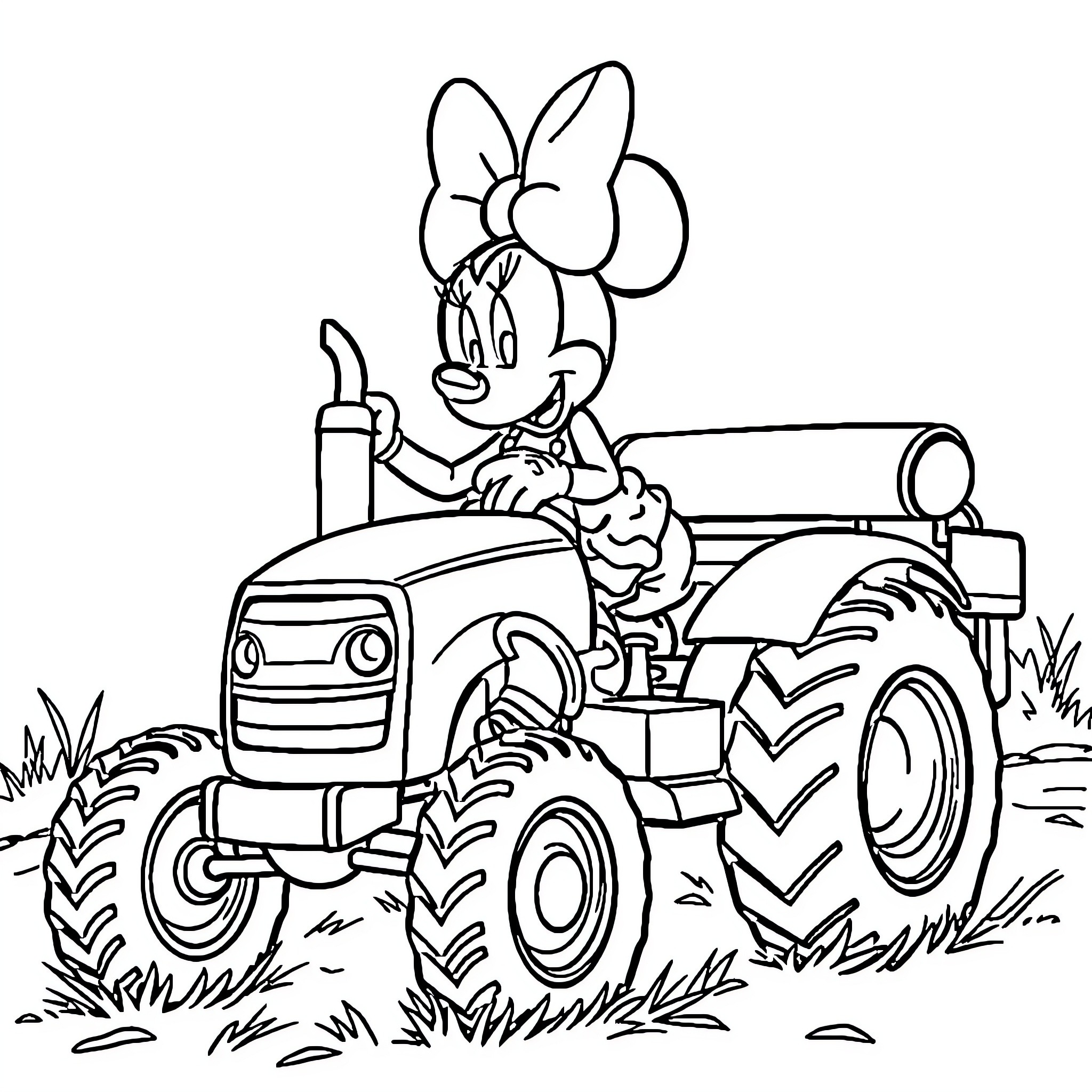 Minnie driving a tractor happily in the field Coloring Page (free black-and-white line drawing printable PDF for all, from beginners to advanced learners, including children, teens, adults, and seniors)
