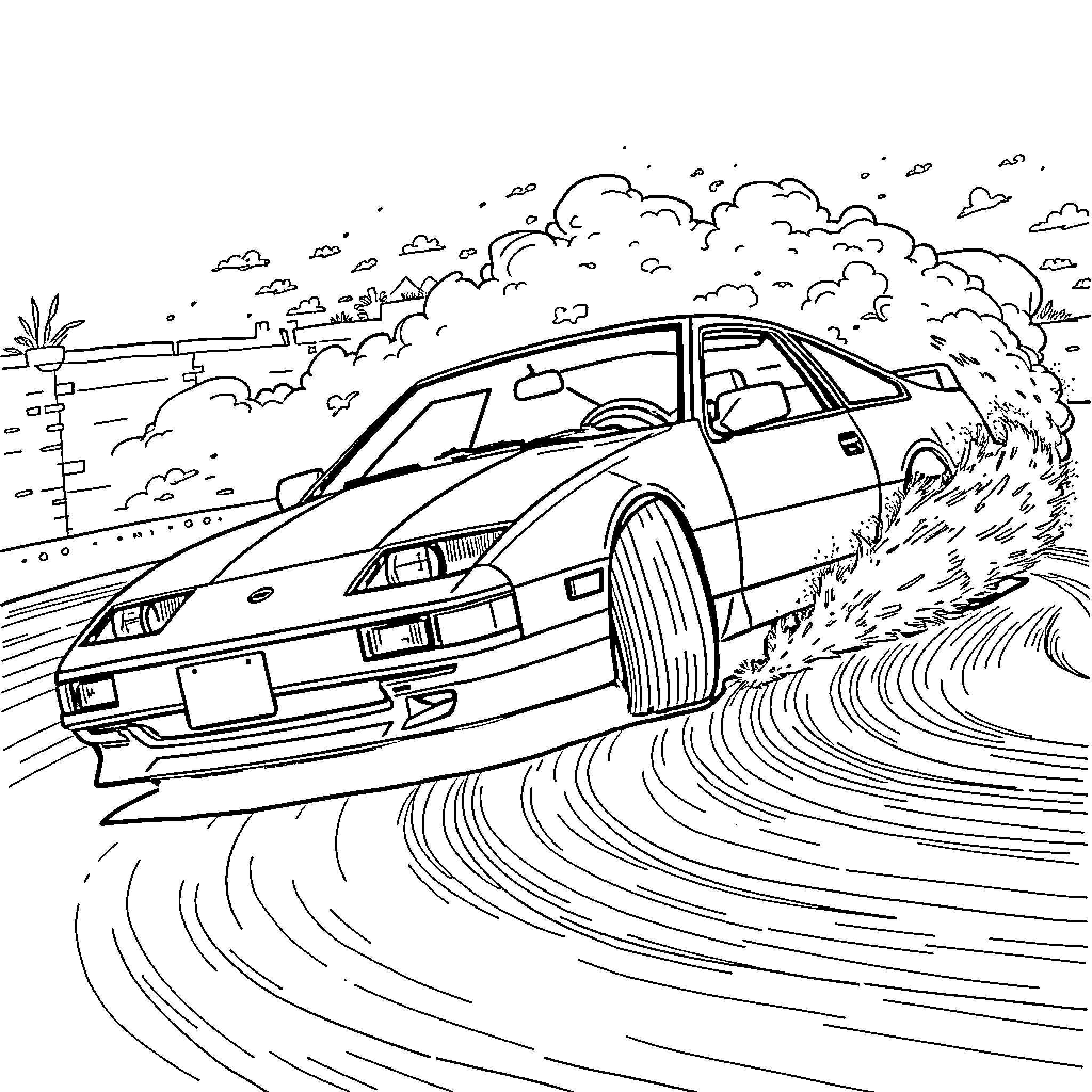Nissan sports car speeding through scenic landscape Coloring Page (free black-and-white line drawing printable PDF for all, from beginners to advanced learners, including children, teens, adults, and seniors)