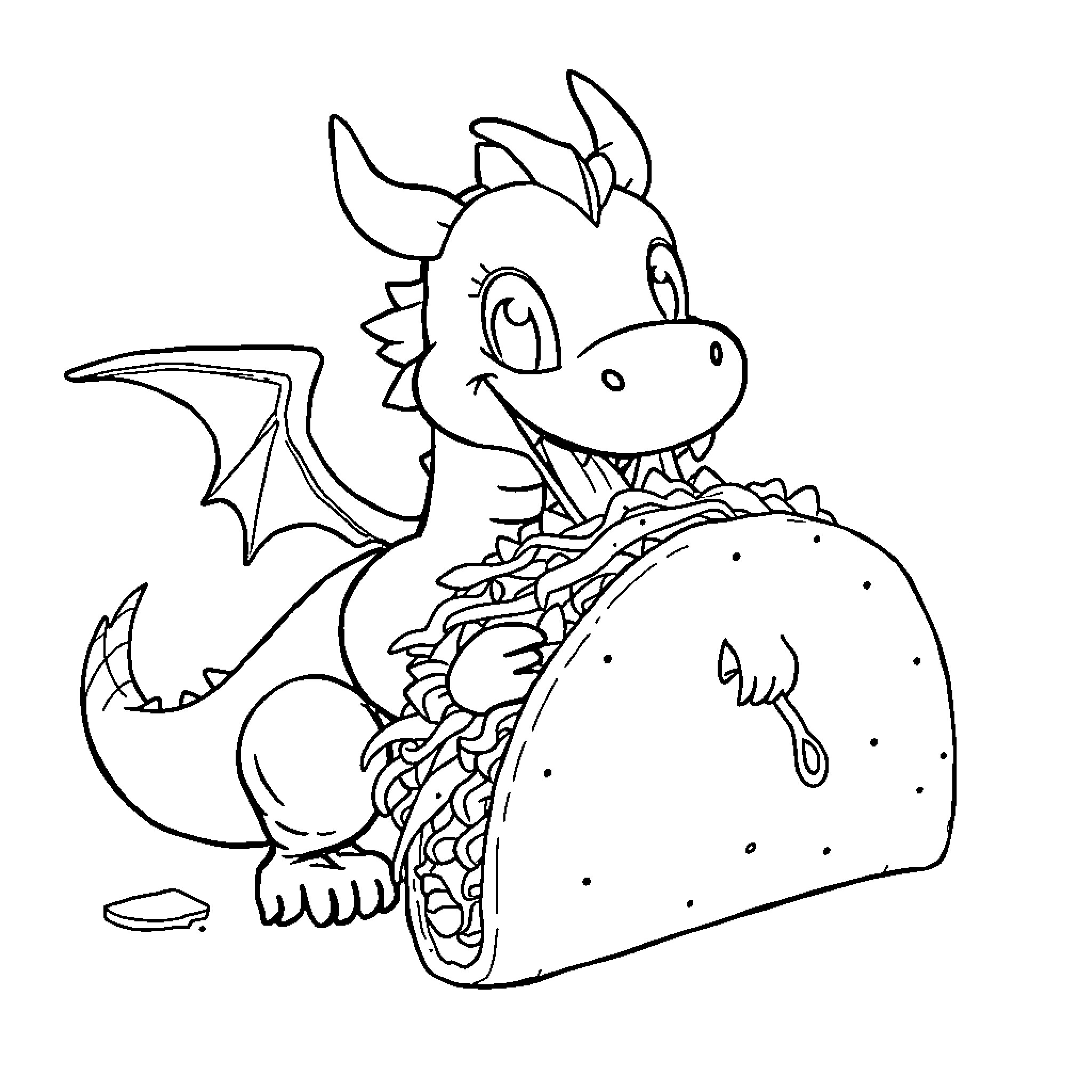 Dragon enjoying a delicious taco Coloring Page (free black-and-white line drawing printable PDF for all, from beginners to advanced learners, including children, teens, adults, and seniors)