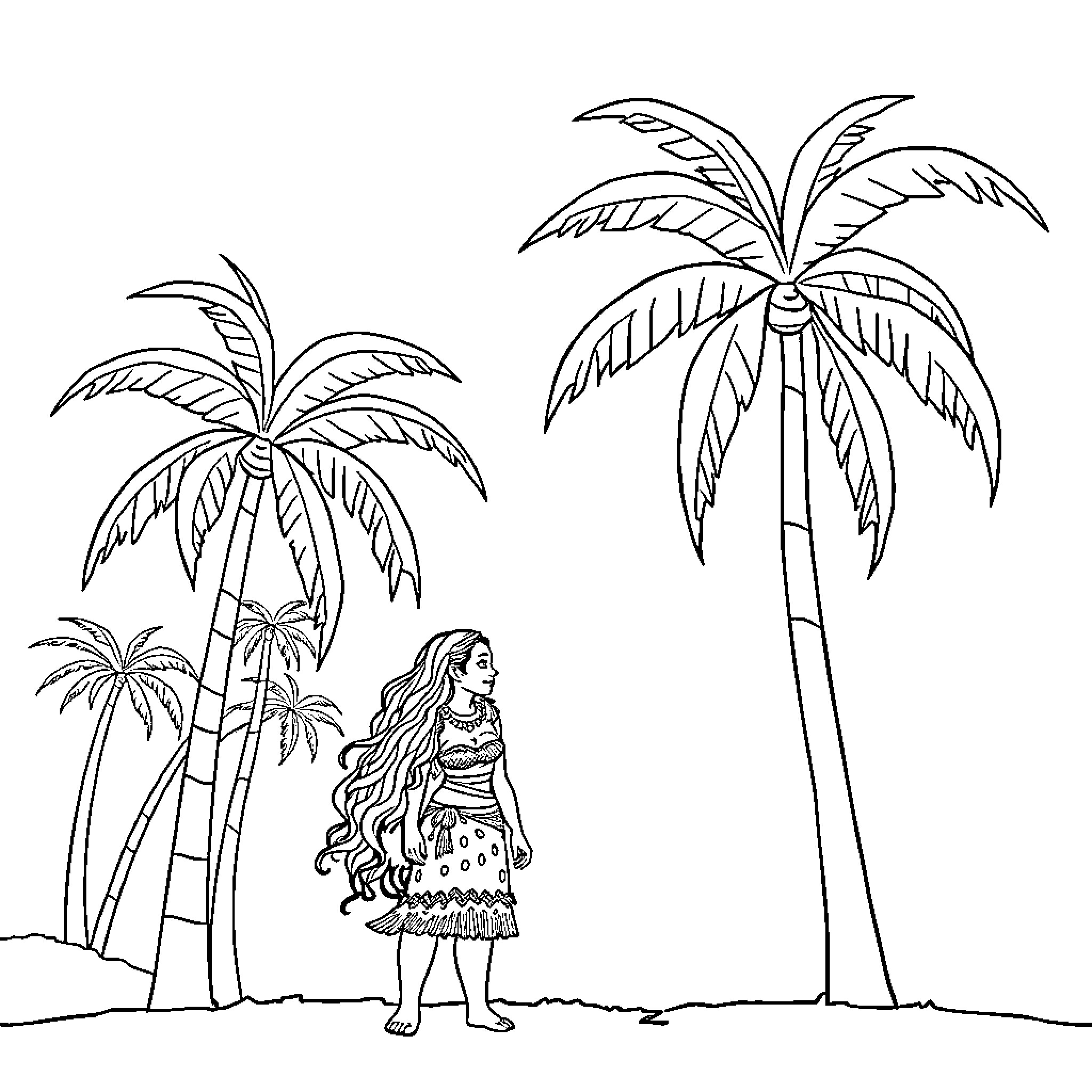 Moana exploring tropical landscape with palm trees Coloring Page (free black-and-white line drawing printable PDF for all, from beginners to advanced learners, including children, teens, adults, and seniors)