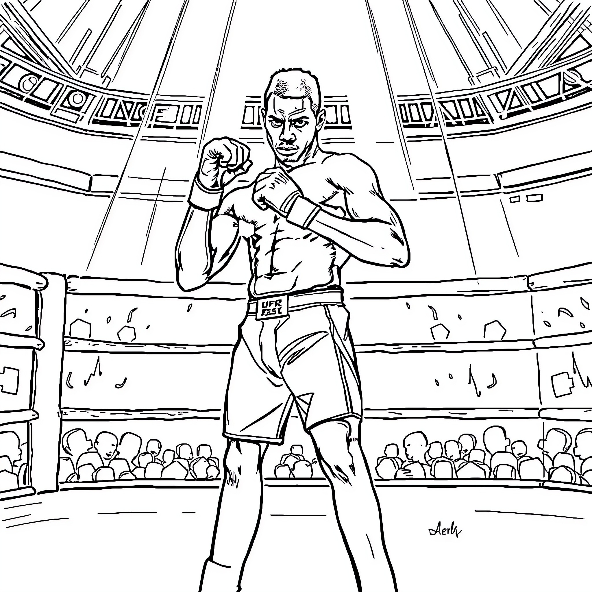 Israel Adesanya in fierce boxing stance in the arena Coloring Page (free black-and-white line drawing printable PDF for all, from beginners to advanced learners, including children, teens, adults, and seniors)