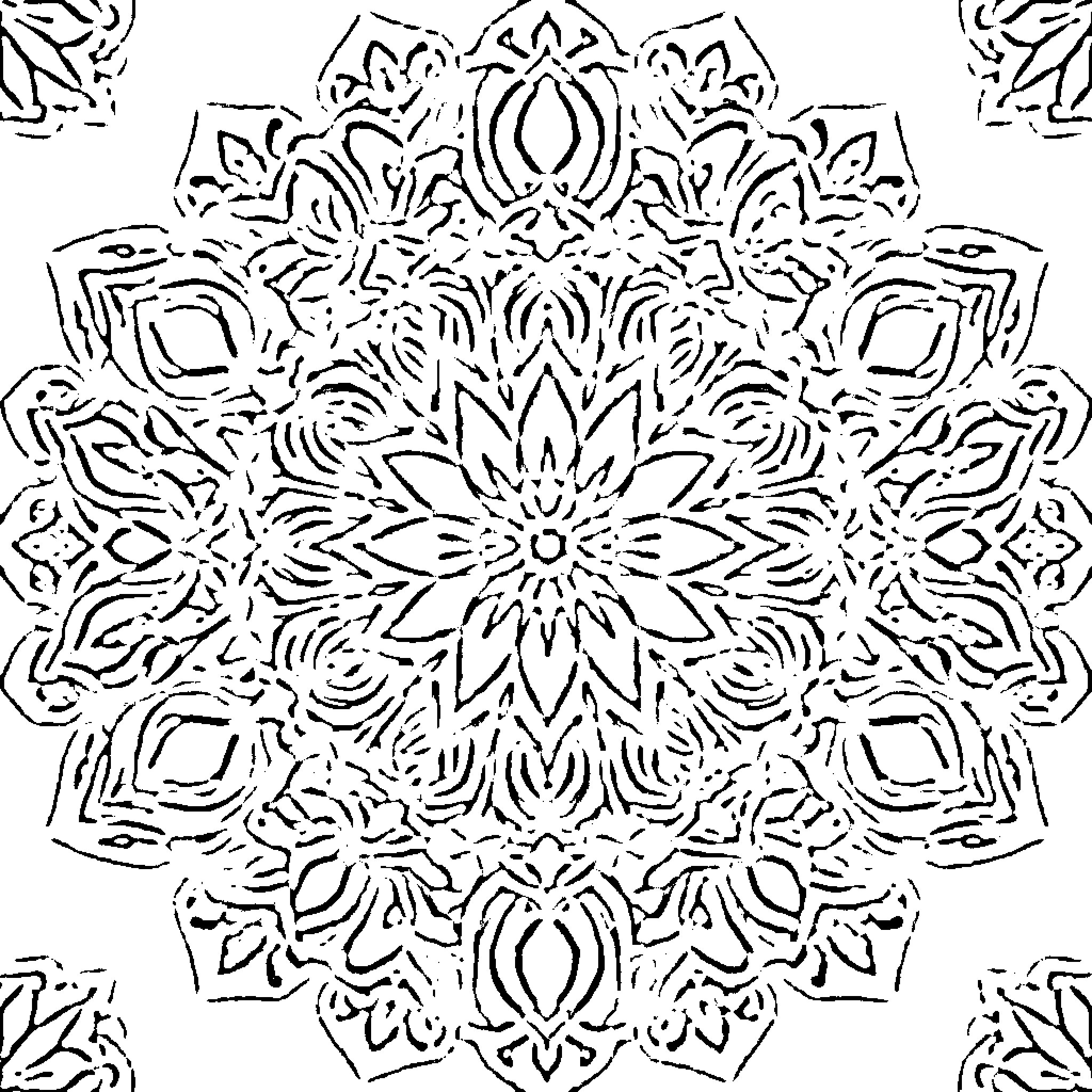 Mandala of intricate floral patterns Coloring Page (free black-and-white line drawing printable PDF for all, from beginners to advanced learners, including children, teens, adults, and seniors)
