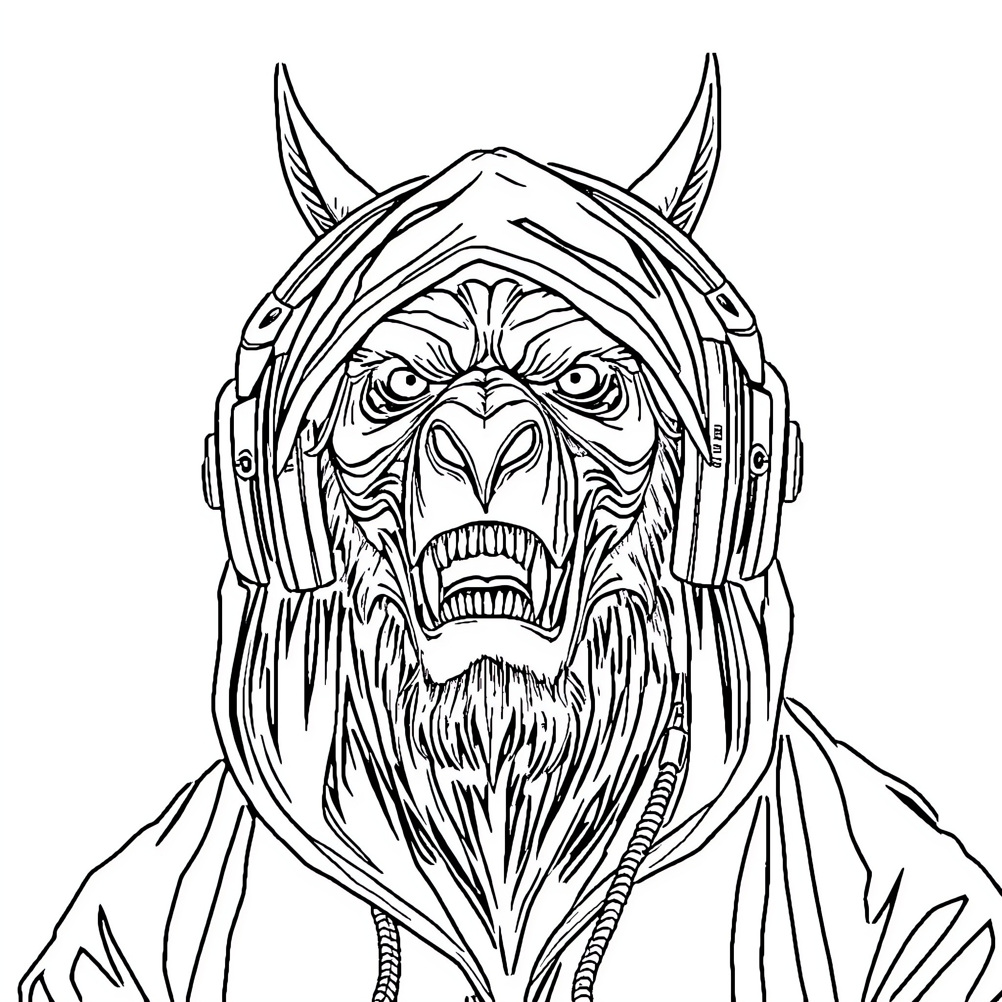 Darth Vader in Futuristic Headphones and Attire Coloring Page (free black-and-white line drawing printable PDF for all, from beginners to advanced learners, including children, teens, adults, and seniors)