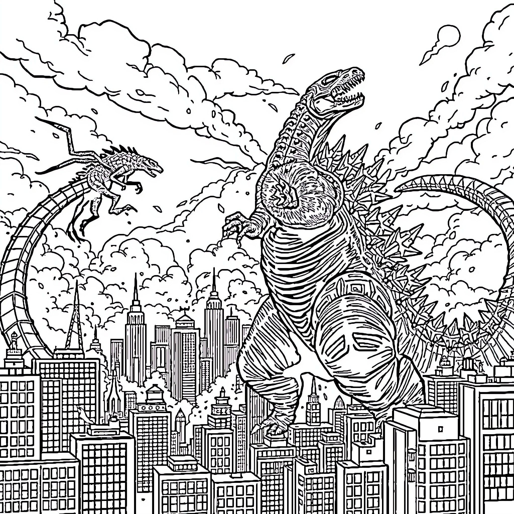 Godzilla rampages through the city Coloring Page (free black-and-white line drawing printable PDF for all, from beginners to advanced learners, including children, teens, adults, and seniors)