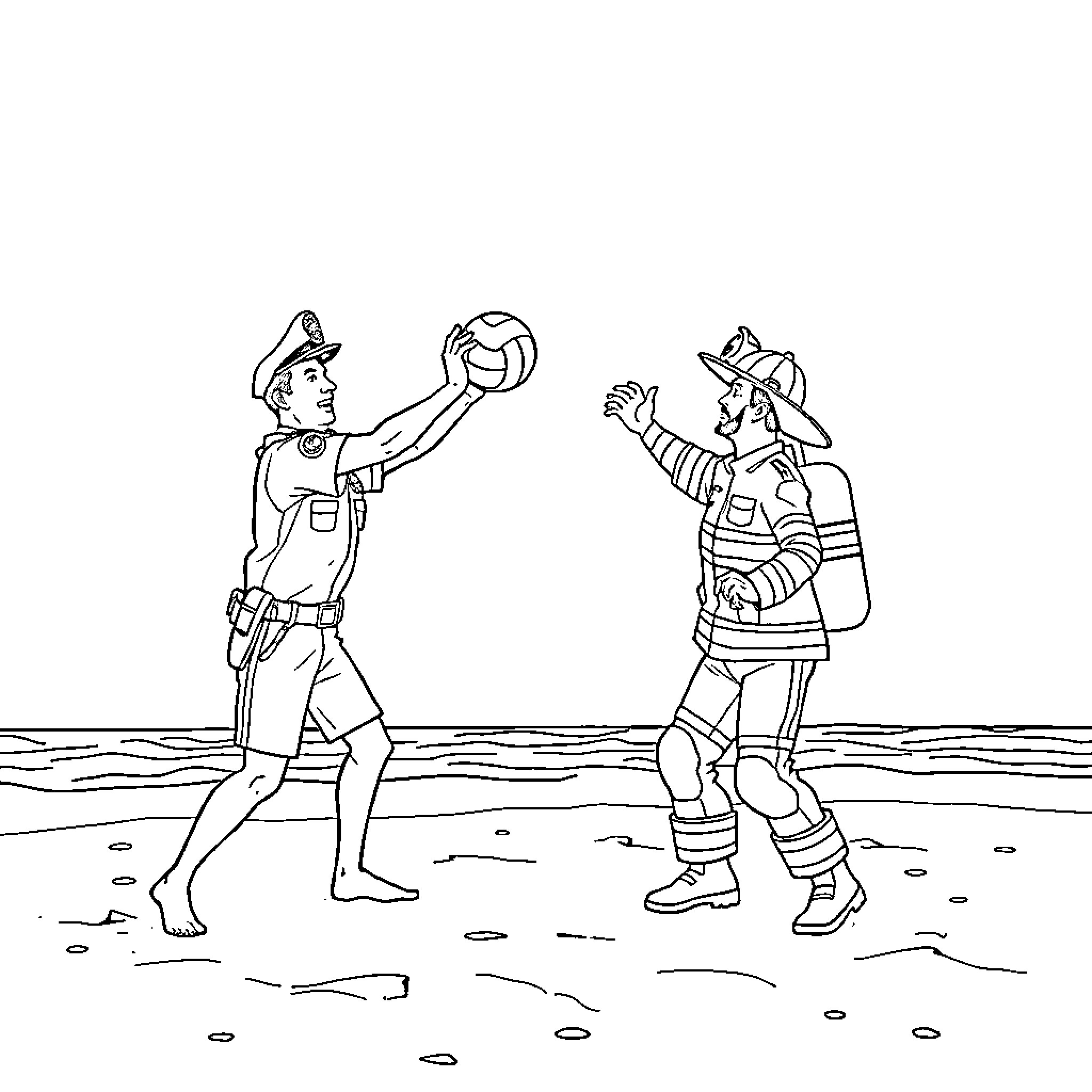 Police Officers Playing Volleyball at the Beach Coloring Page (free black-and-white line drawing printable PDF for all, from beginners to advanced learners, including children, teens, adults, and seniors)