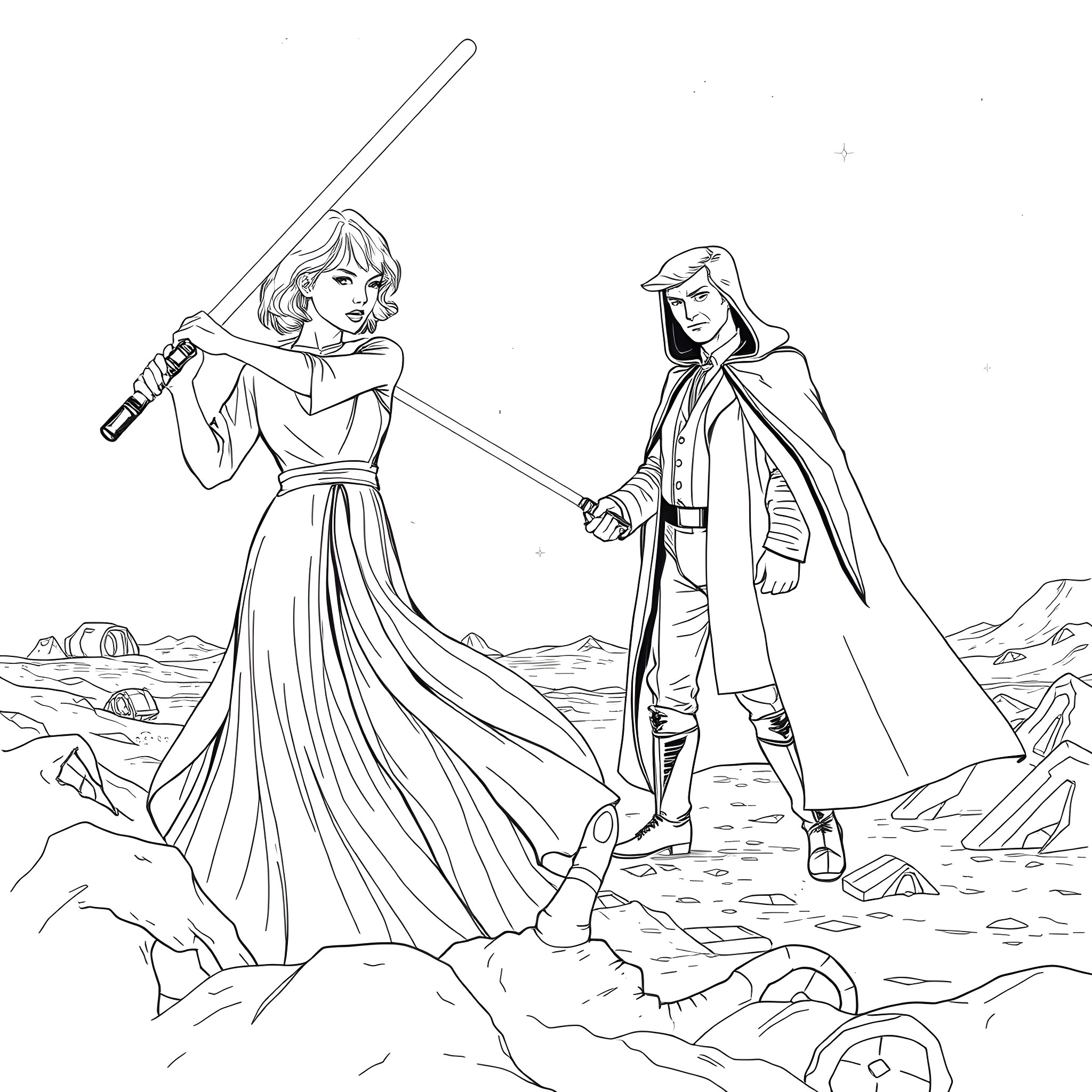 Taylor Swift and companion in epic sword battle Coloring Page (free black-and-white line drawing printable PDF for all, from beginners to advanced learners, including children, teens, adults, and seniors)