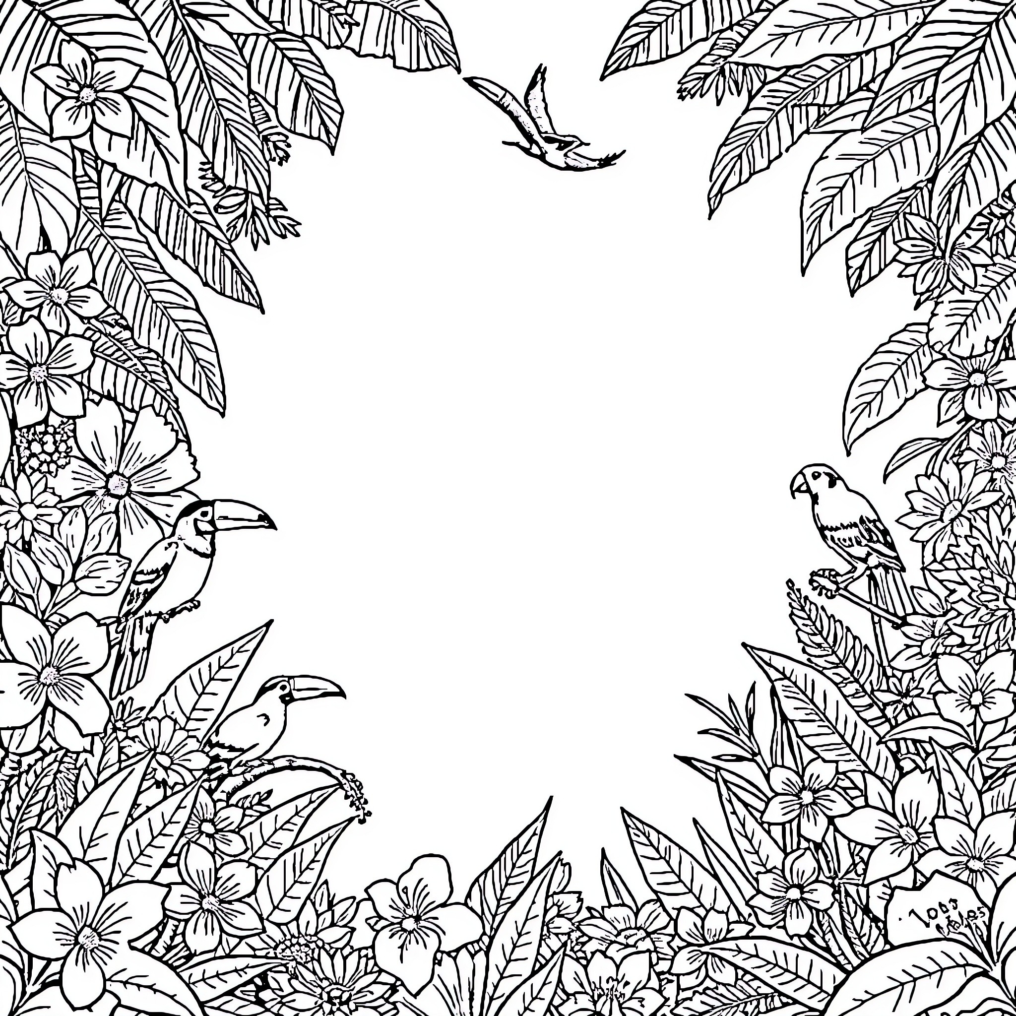 Tropical Flower Foliage with Vibrant Bird Scenes Coloring Page (free black-and-white line drawing printable PDF for all, from beginners to advanced learners, including children, teens, adults, and seniors)