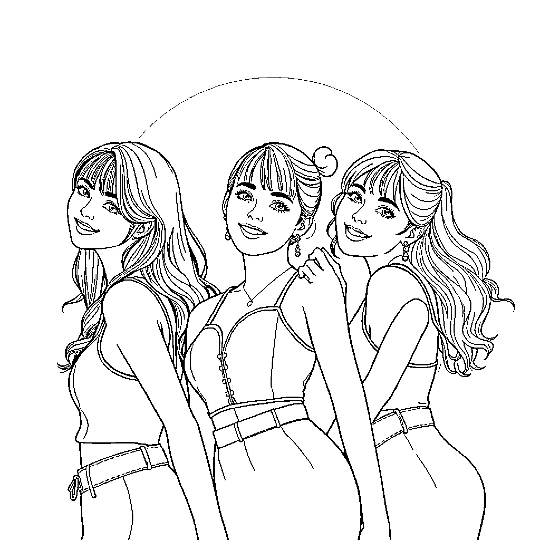 HUNTR/X Women Dancing Together Coloring Page (free black-and-white line drawing printable PDF for all, from beginners to advanced learners, including children, teens, adults, and seniors)