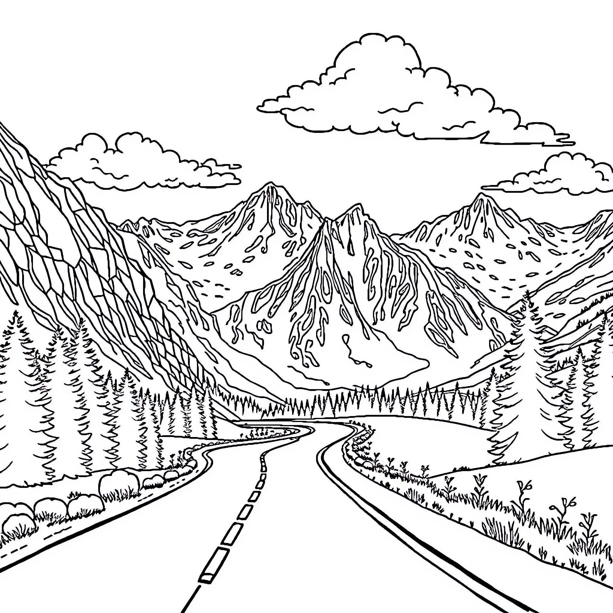 Road Trip Through the Majestic Mountain Landscape Coloring Page (free black-and-white line drawing printable PDF for all, from beginners to advanced learners, including children, teens, adults, and seniors)