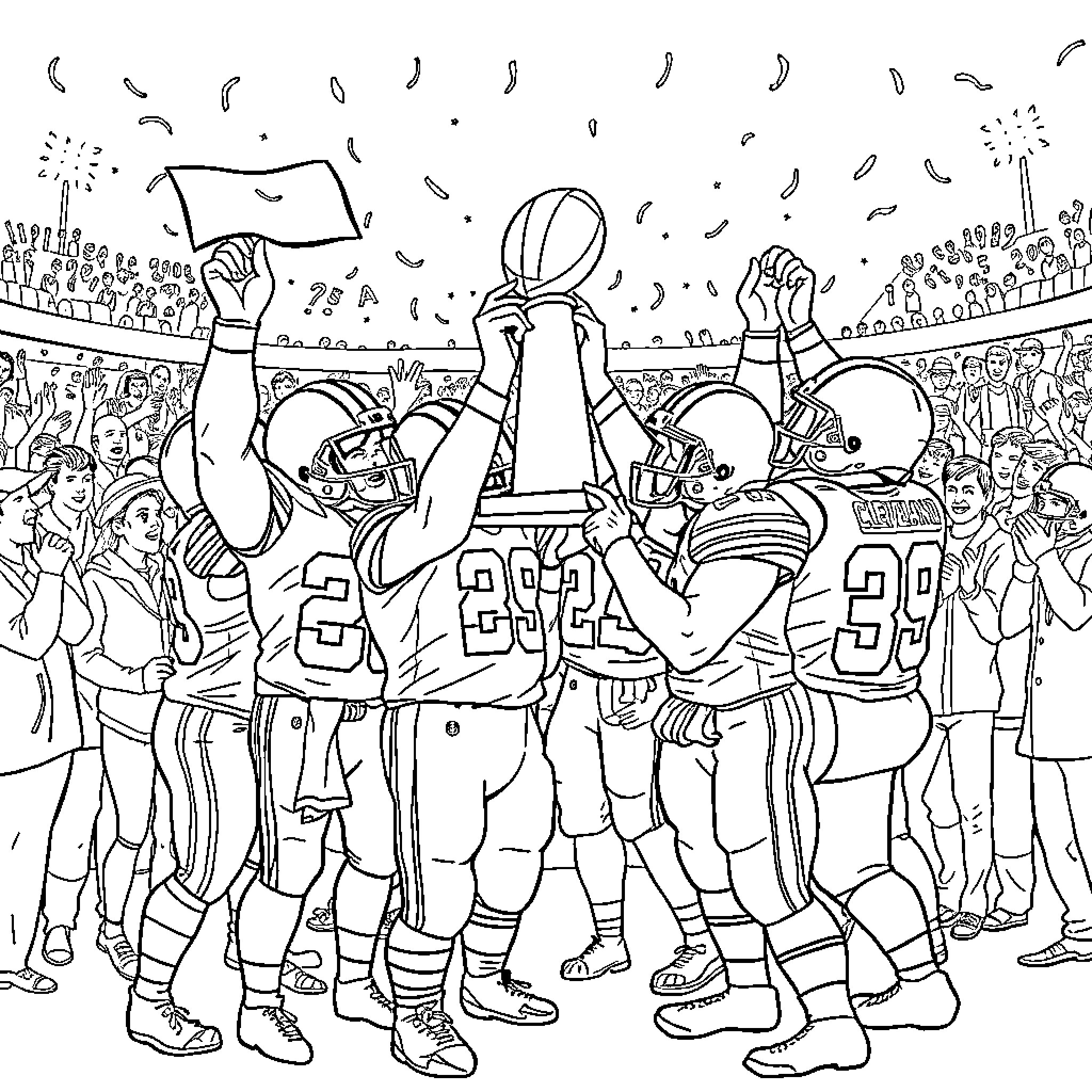 Cleveland Browns players celebrating on the field Coloring Page (free black-and-white line drawing printable PDF for all, from beginners to advanced learners, including children, teens, adults, and seniors)