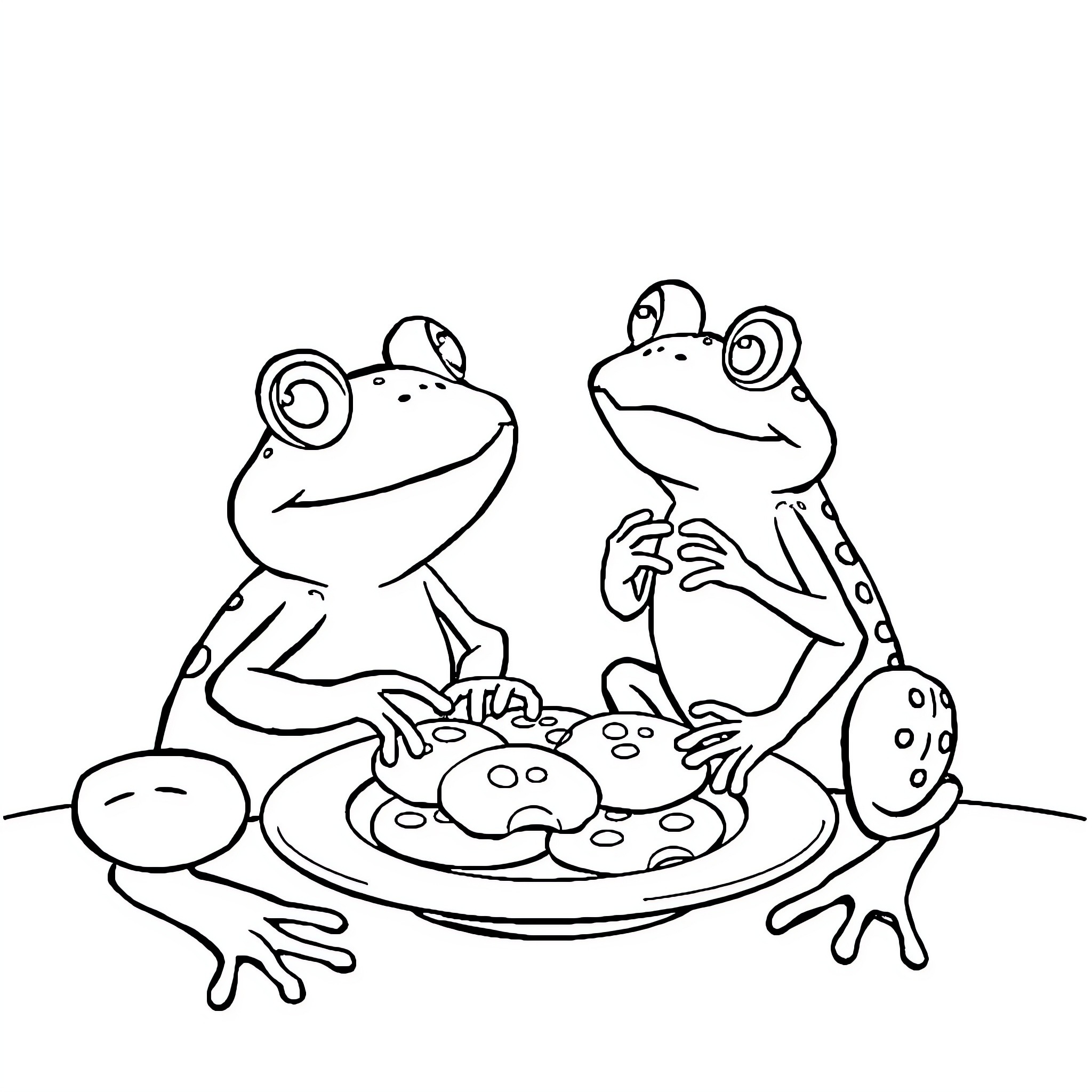 Frog friends enjoying a tasty meal Coloring Page (free black-and-white line drawing printable PDF for all, from beginners to advanced learners, including children, teens, adults, and seniors)