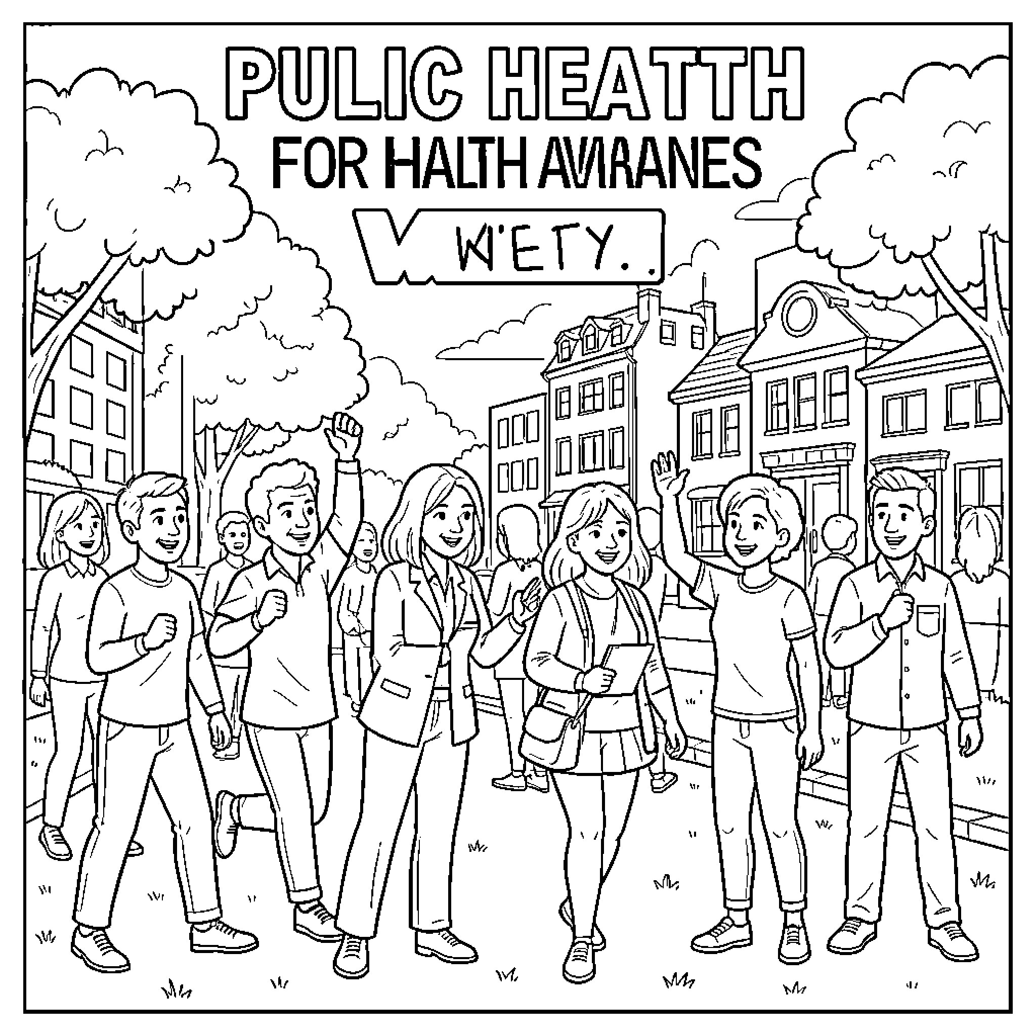 Public Health Awareness Campaign for Healthcare Workers Coloring Page (free black-and-white line drawing printable PDF for all, from beginners to advanced learners, including children, teens, adults, and seniors)