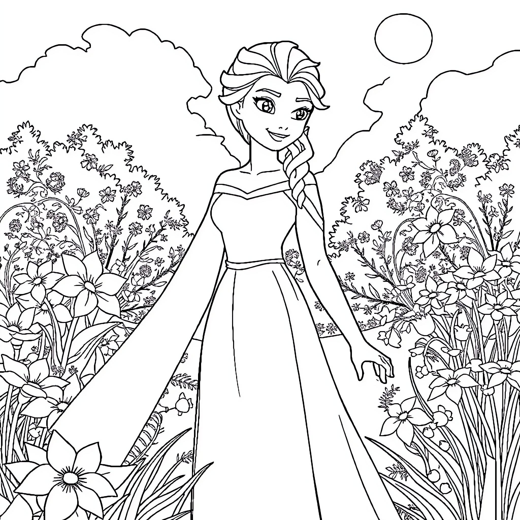 Elsa exploring a vibrant flower garden Coloring Page (free black-and-white line drawing printable PDF for all, from beginners to advanced learners, including children, teens, adults, and seniors)