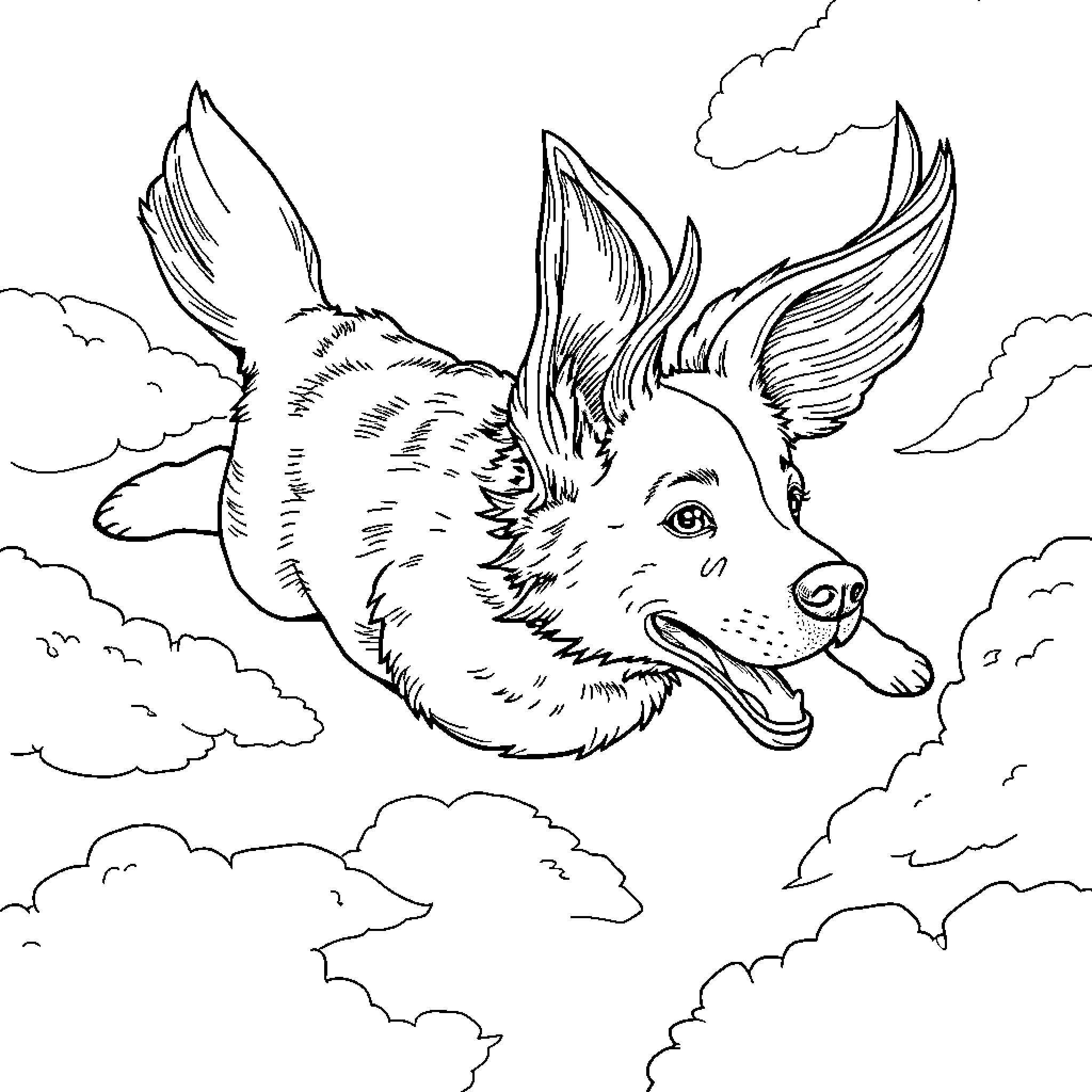 Flying Dog Soaring Through Cloudy Skies Coloring Page (free black-and-white line drawing printable PDF for all, from beginners to advanced learners, including children, teens, adults, and seniors)