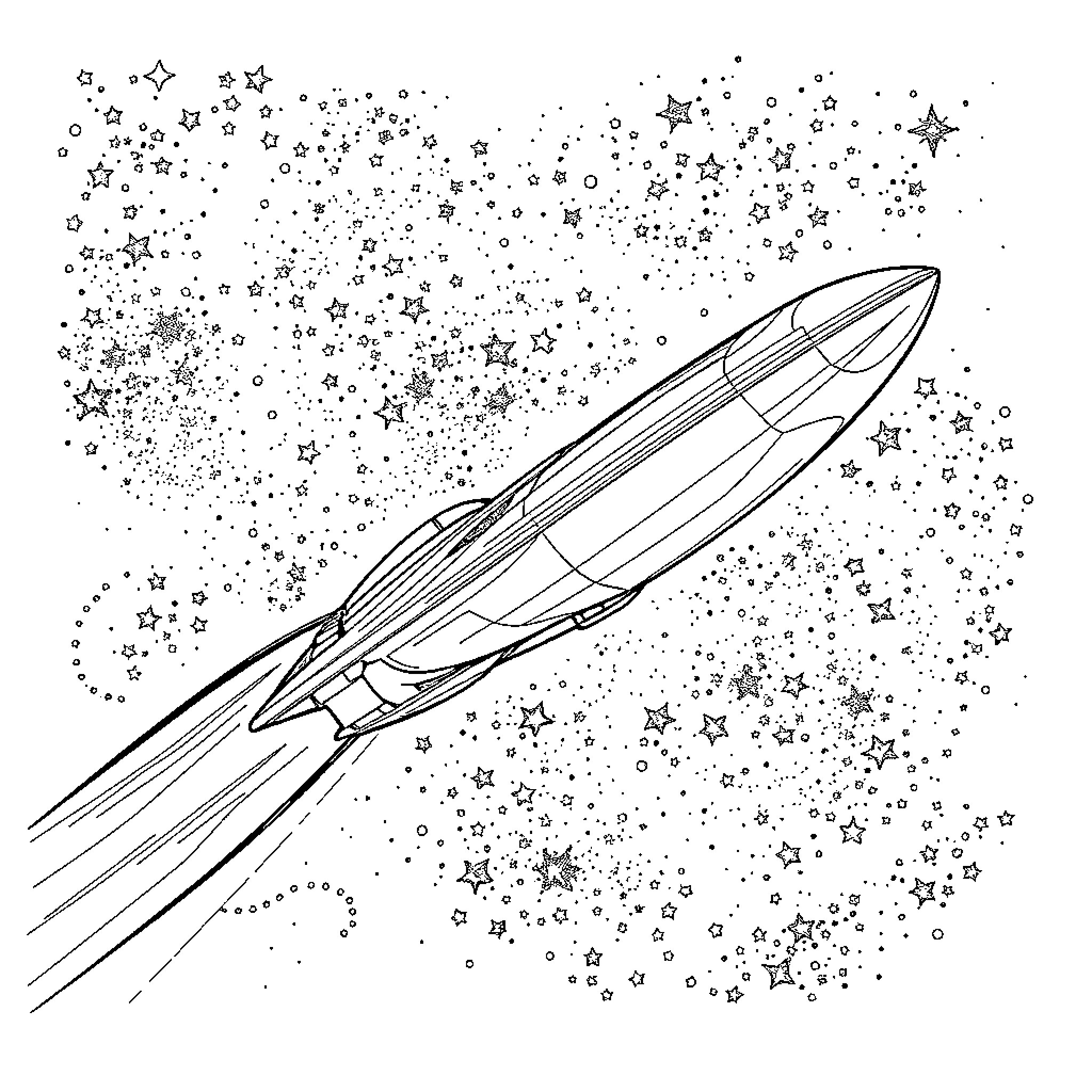 Ship soaring through starry night sky Coloring Page (free black-and-white line drawing printable PDF for all, from beginners to advanced learners, including children, teens, adults, and seniors)