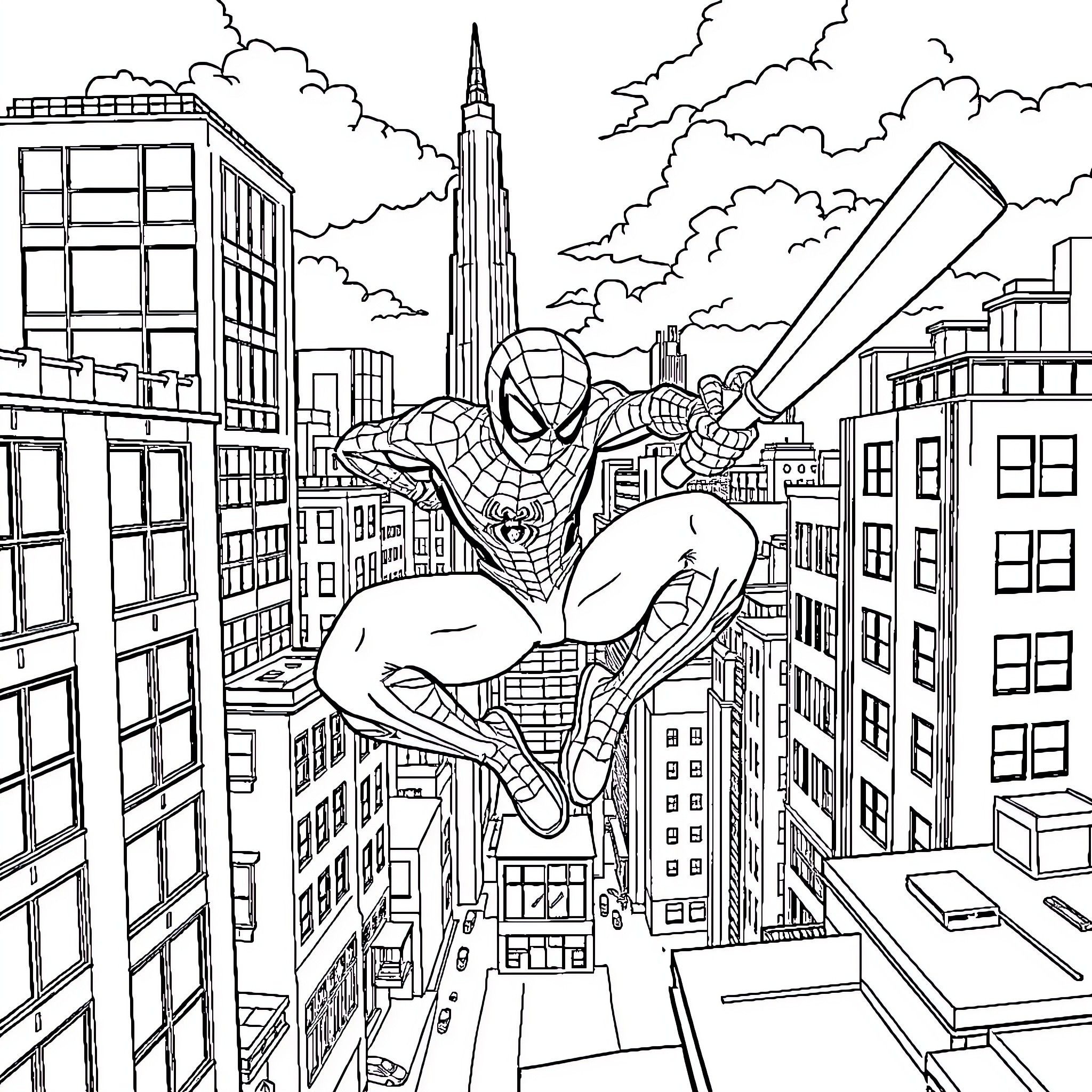 Spiderman swinging through the city skyline Coloring Page (free black-and-white line drawing printable PDF for all, from beginners to advanced learners, including children, teens, adults, and seniors)
