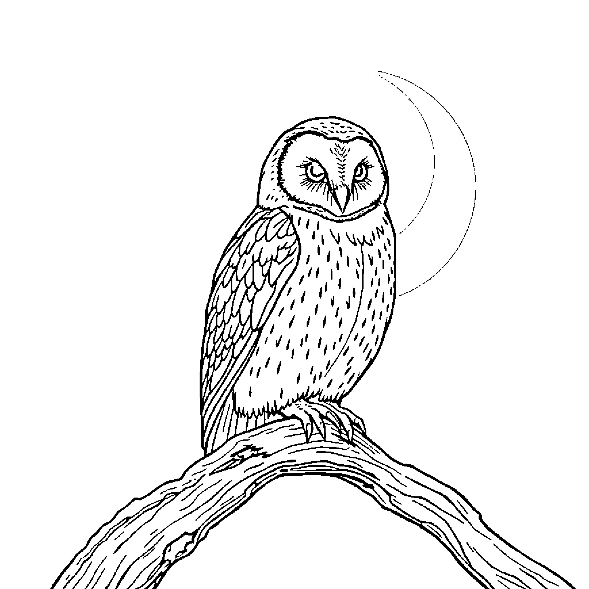 Owl perched on a tree branch in the moonlight Coloring Page (free black-and-white line drawing printable PDF for all, from beginners to advanced learners, including children, teens, adults, and seniors)