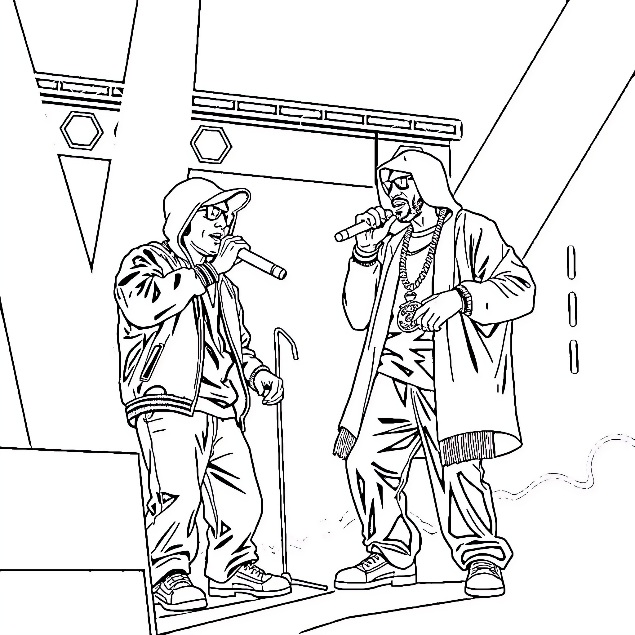 Eminem Performing on Stage with Backup Dancer Coloring Page (free black-and-white line drawing printable PDF for all, from beginners to advanced learners, including children, teens, adults, and seniors)