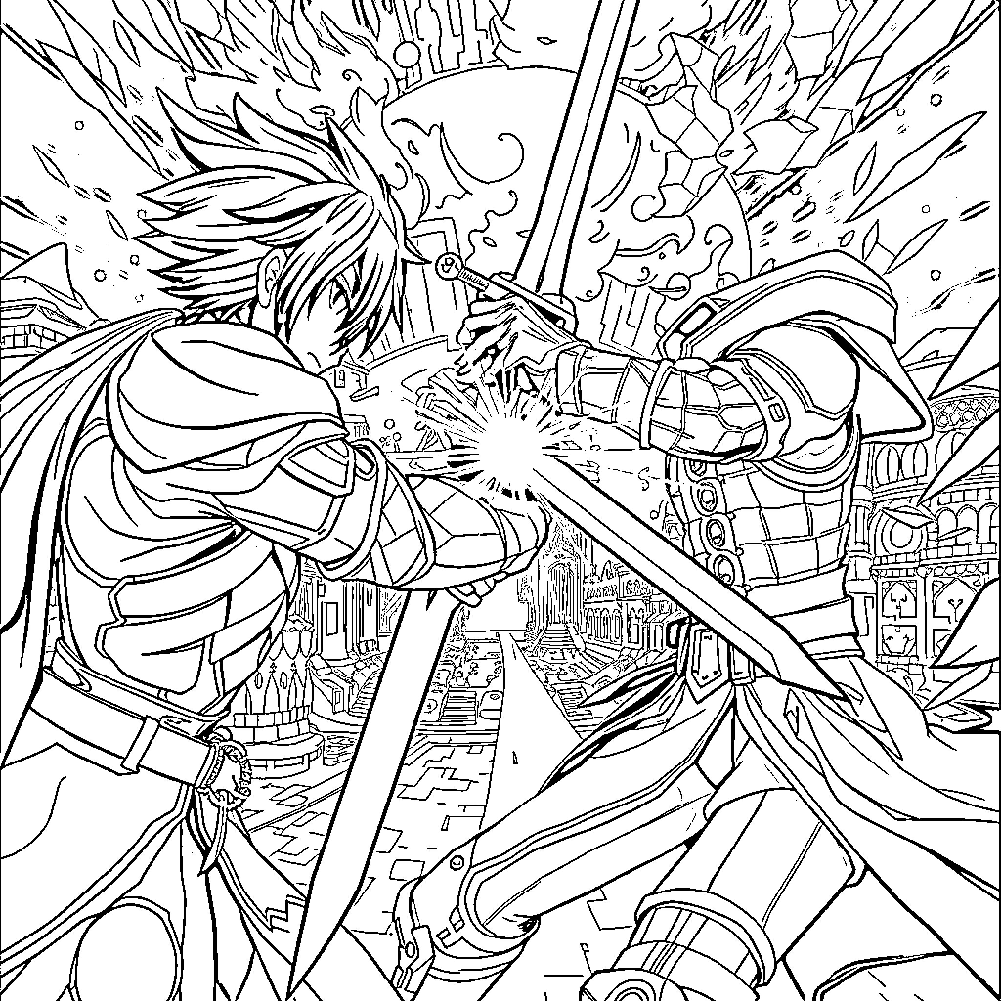 Kirito in an epic battle with energy blasts Coloring Page (free black-and-white line drawing printable PDF for all, from beginners to advanced learners, including children, teens, adults, and seniors)