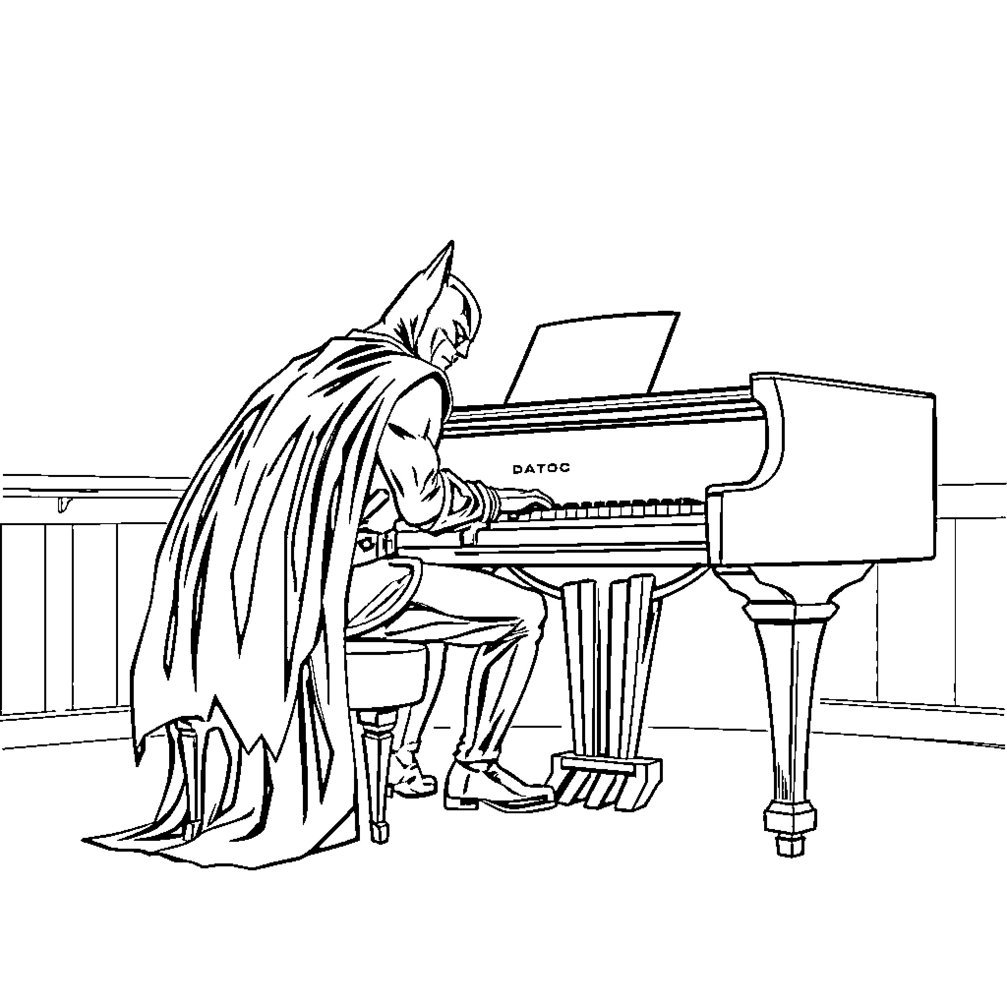 Batman playing the piano in a dimly lit room Coloring Page (free black-and-white line drawing printable PDF for all, from beginners to advanced learners, including children, teens, adults, and seniors)