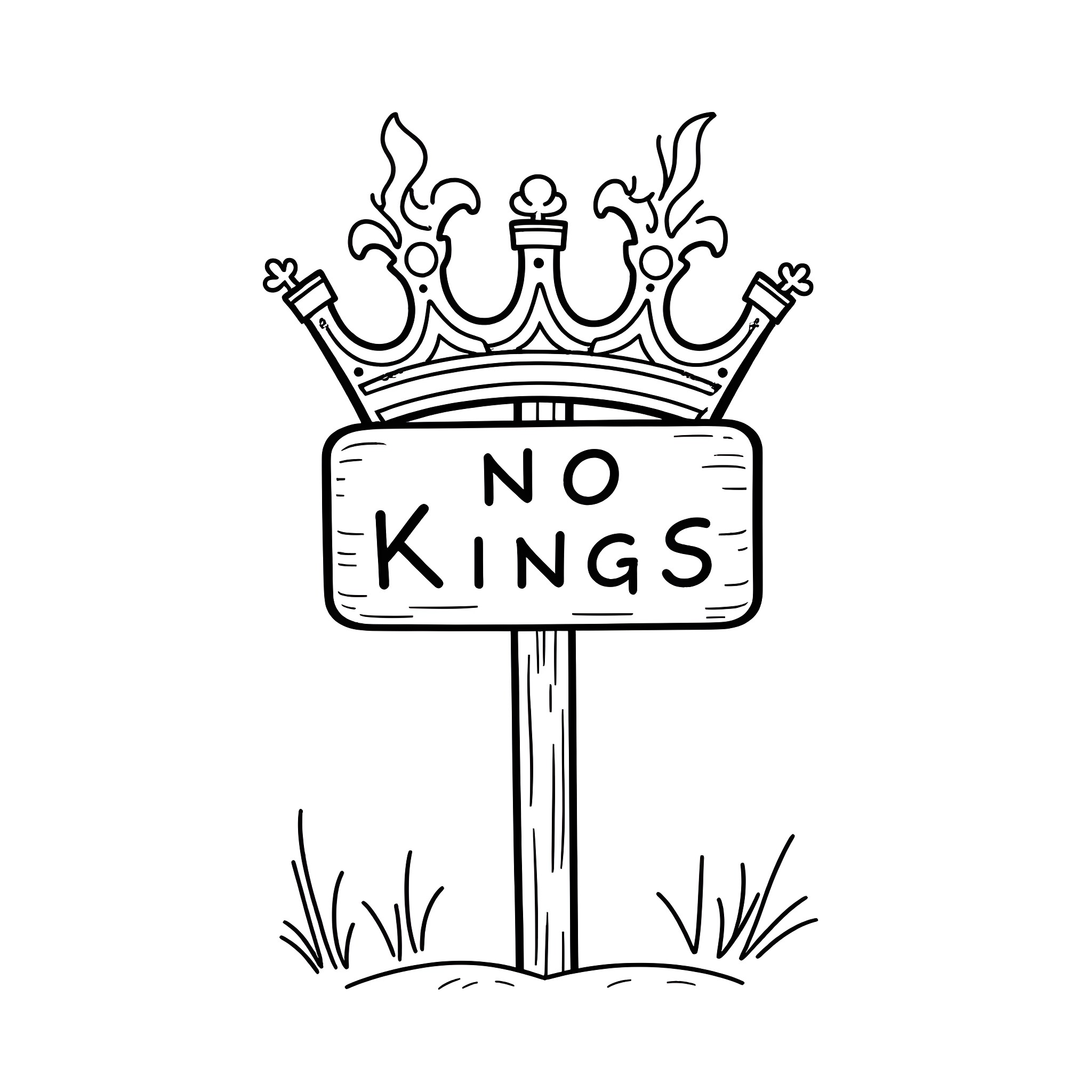 King Rejects Monarchy with 'No Kings' Sign Coloring Page (free black-and-white line drawing printable PDF for all, from beginners to advanced learners, including children, teens, adults, and seniors)