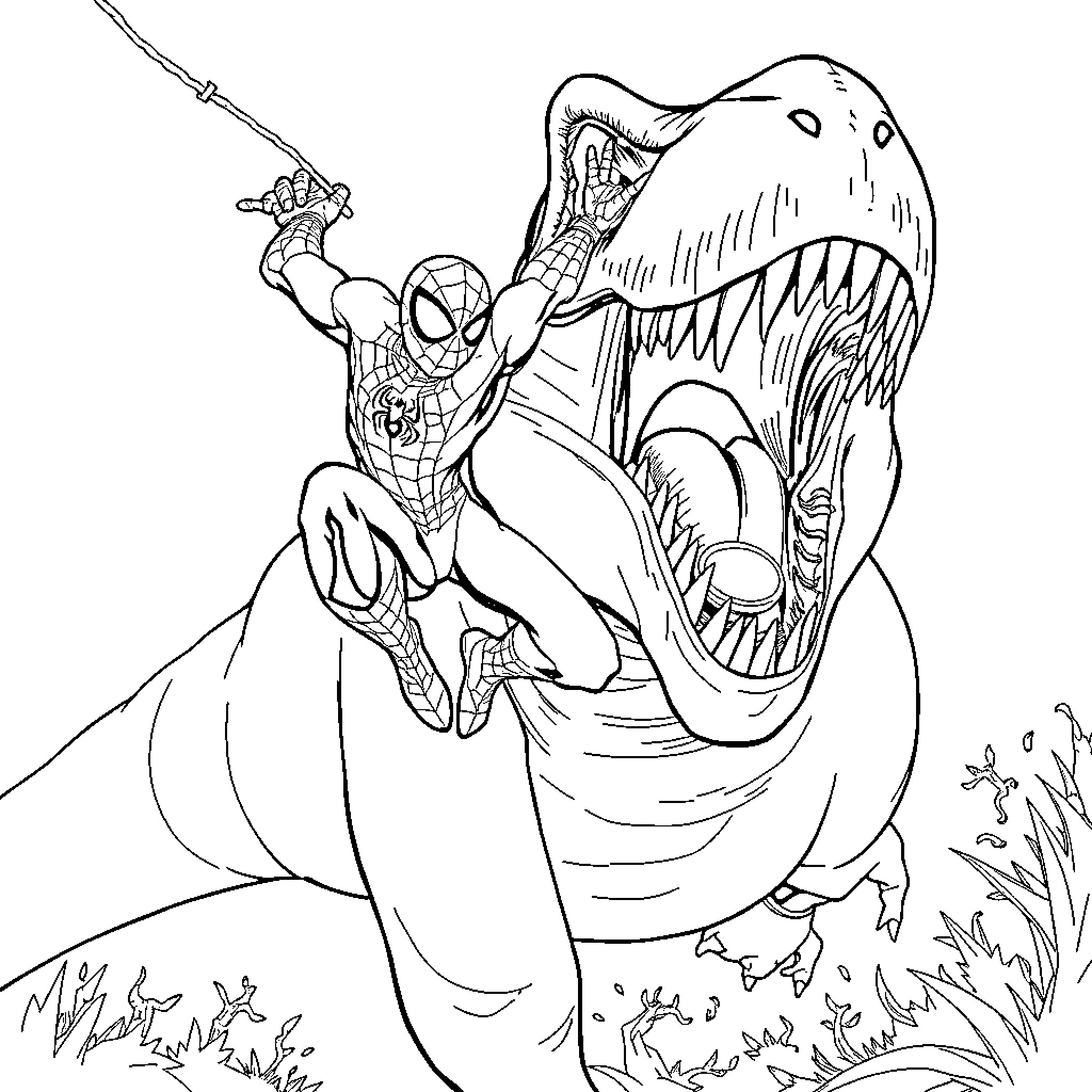 Spiderman battling a ferocious dinosaur Coloring Page (free black-and-white line drawing printable PDF for all, from beginners to advanced learners, including children, teens, adults, and seniors)