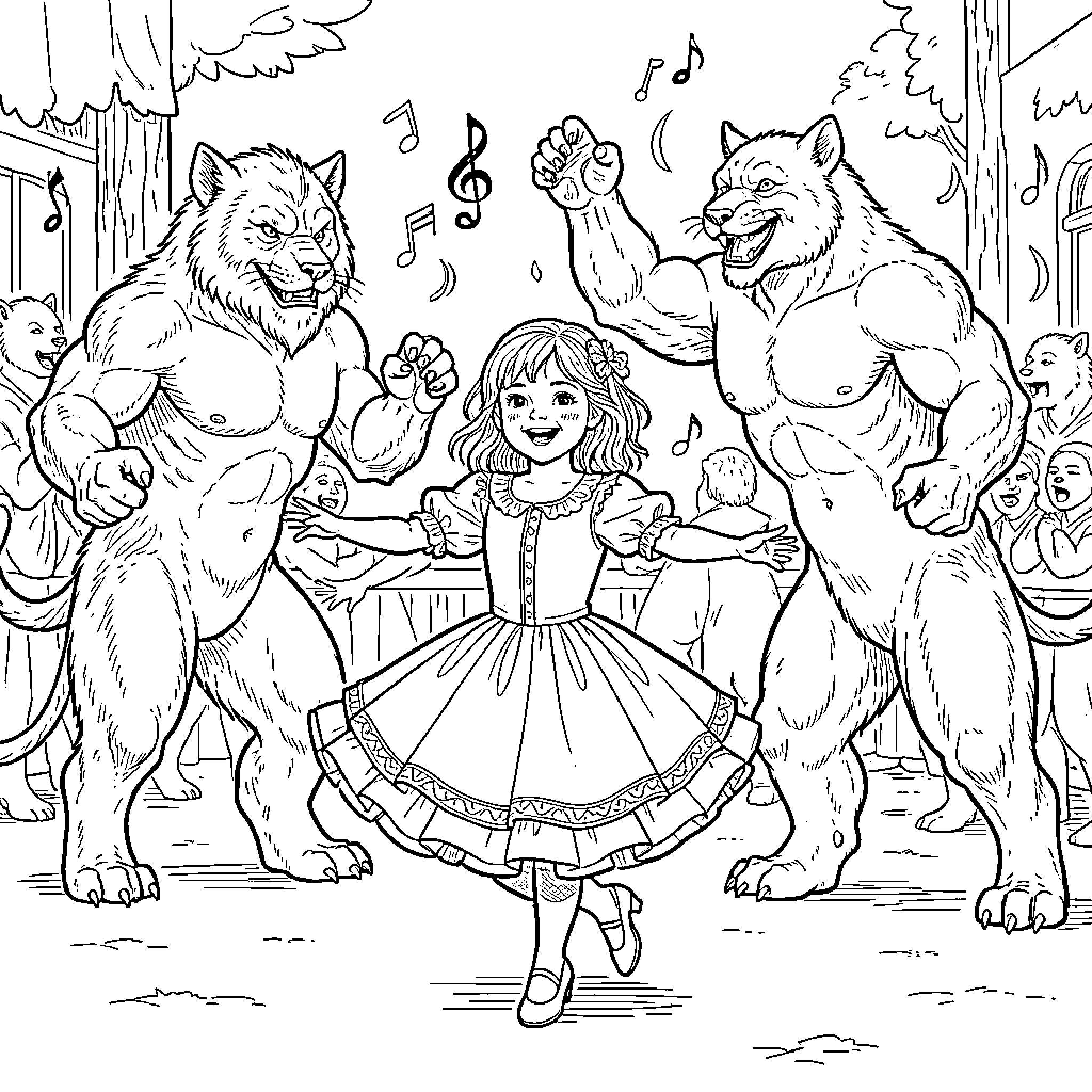 Menina dancing happily with anthropomorphic wolf creatures Coloring Page (free black-and-white line drawing printable PDF for all, from beginners to advanced learners, including children, teens, adults, and seniors)
