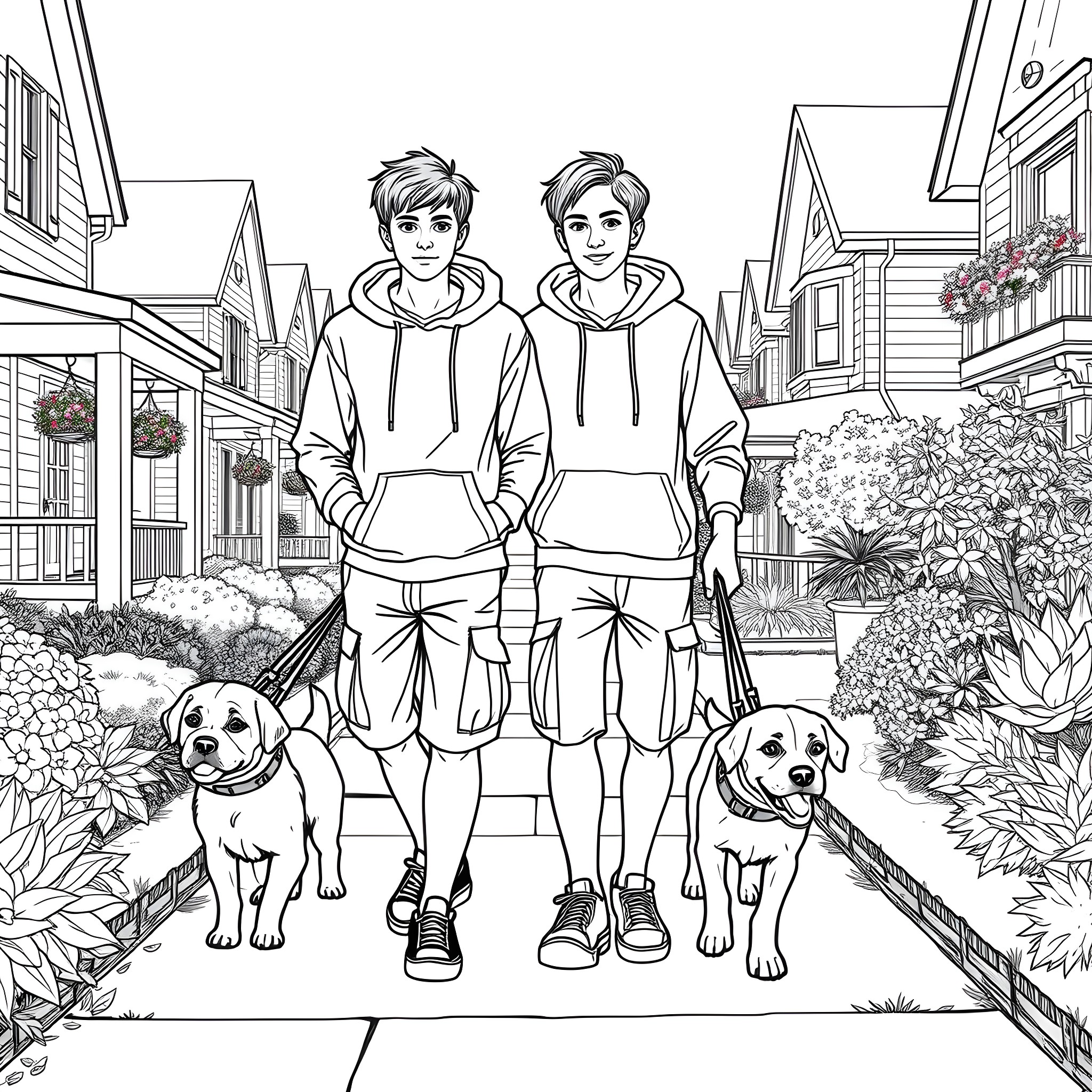 Boy Strolling with Dogs in Town Coloring Page (free black-and-white line drawing printable PDF for all, from beginners to advanced learners, including children, teens, adults, and seniors)