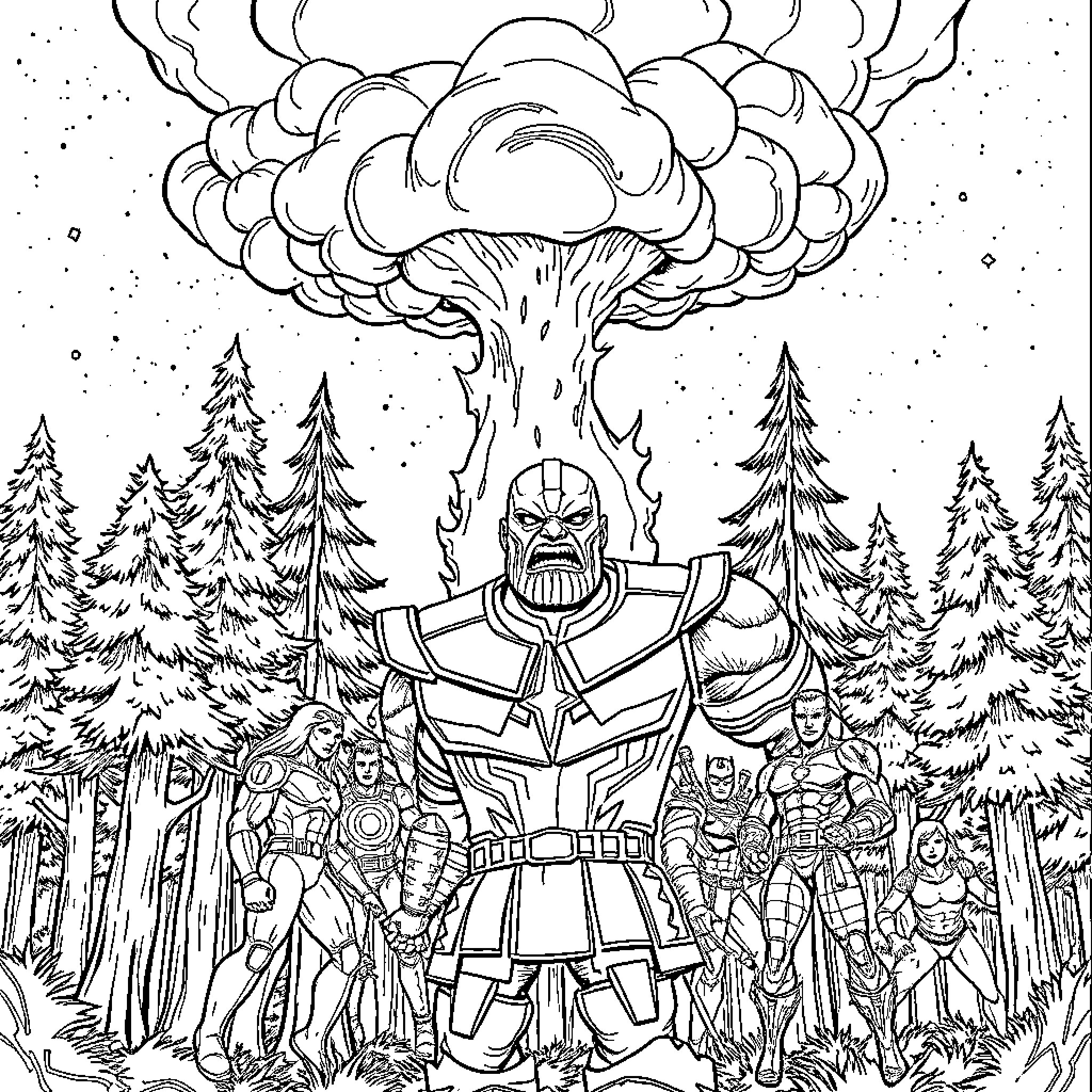 Tree of Heroes in an Ominous Forest Coloring Page (free black-and-white line drawing printable PDF for all, from beginners to advanced learners, including children, teens, adults, and seniors)