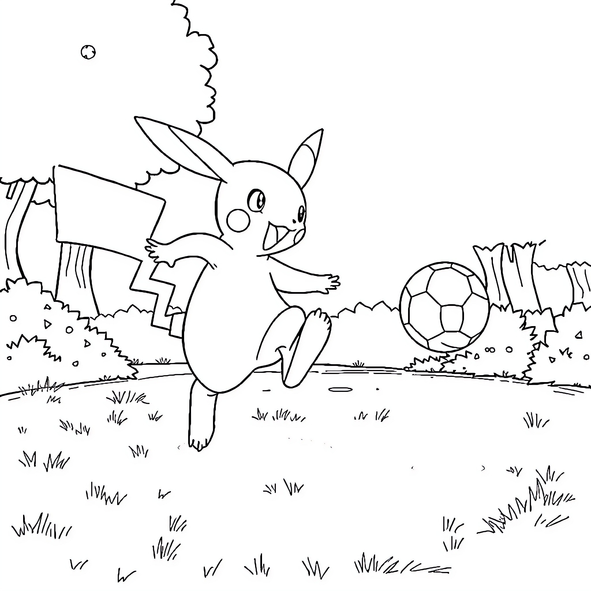 Pokémon playing with soccer ball in the field Coloring Page (free black-and-white line drawing printable PDF for all, from beginners to advanced learners, including children, teens, adults, and seniors)