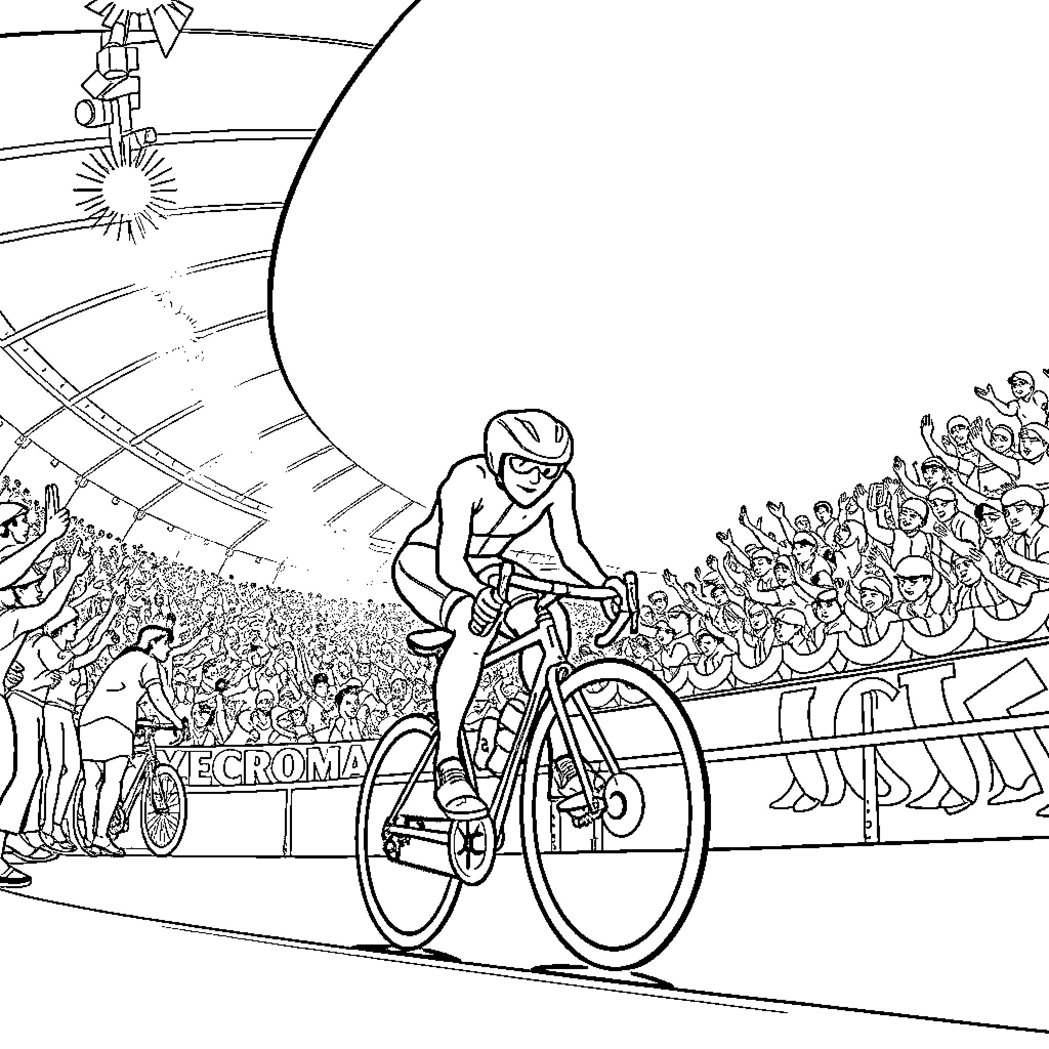 Juls competes in a cycling race with a cheering crowd Coloring Page (free black-and-white line drawing printable PDF for all, from beginners to advanced learners, including children, teens, adults, and seniors)