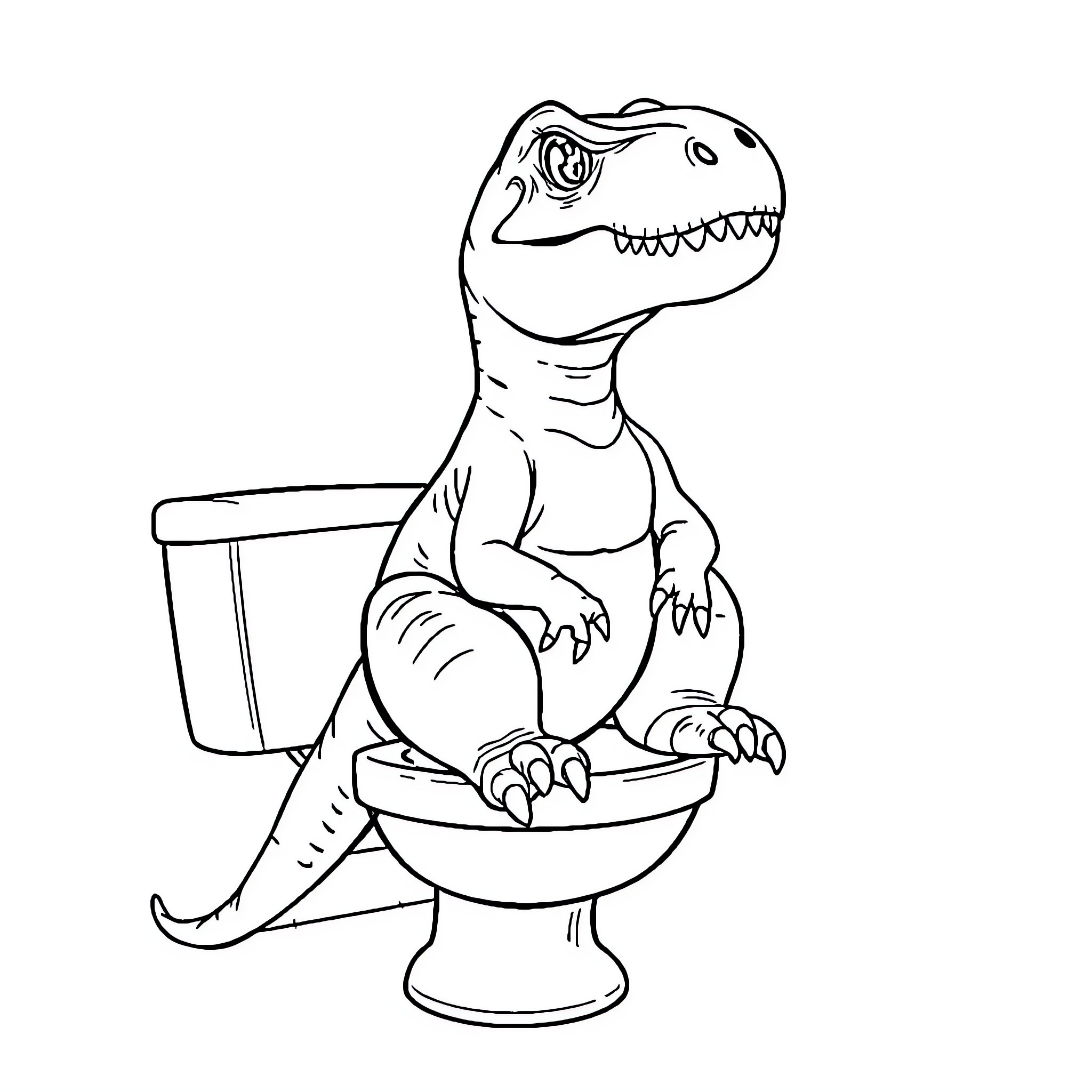 T-Rex using the toilet in a humorous way Coloring Page (free black-and-white line drawing printable PDF for all, from beginners to advanced learners, including children, teens, adults, and seniors)