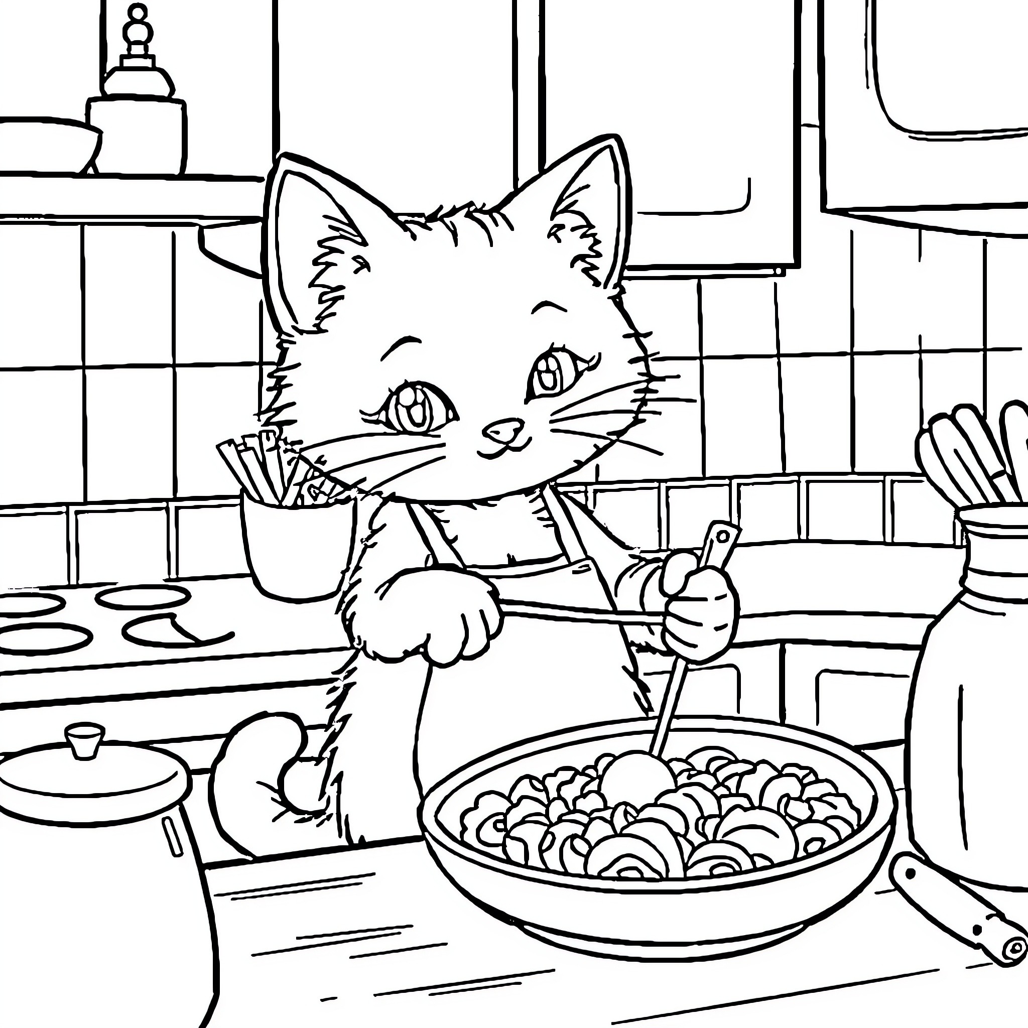 Kitty cooking a delicious meal in the kitchen Coloring Page (free black-and-white line drawing printable PDF for all, from beginners to advanced learners, including children, teens, adults, and seniors)