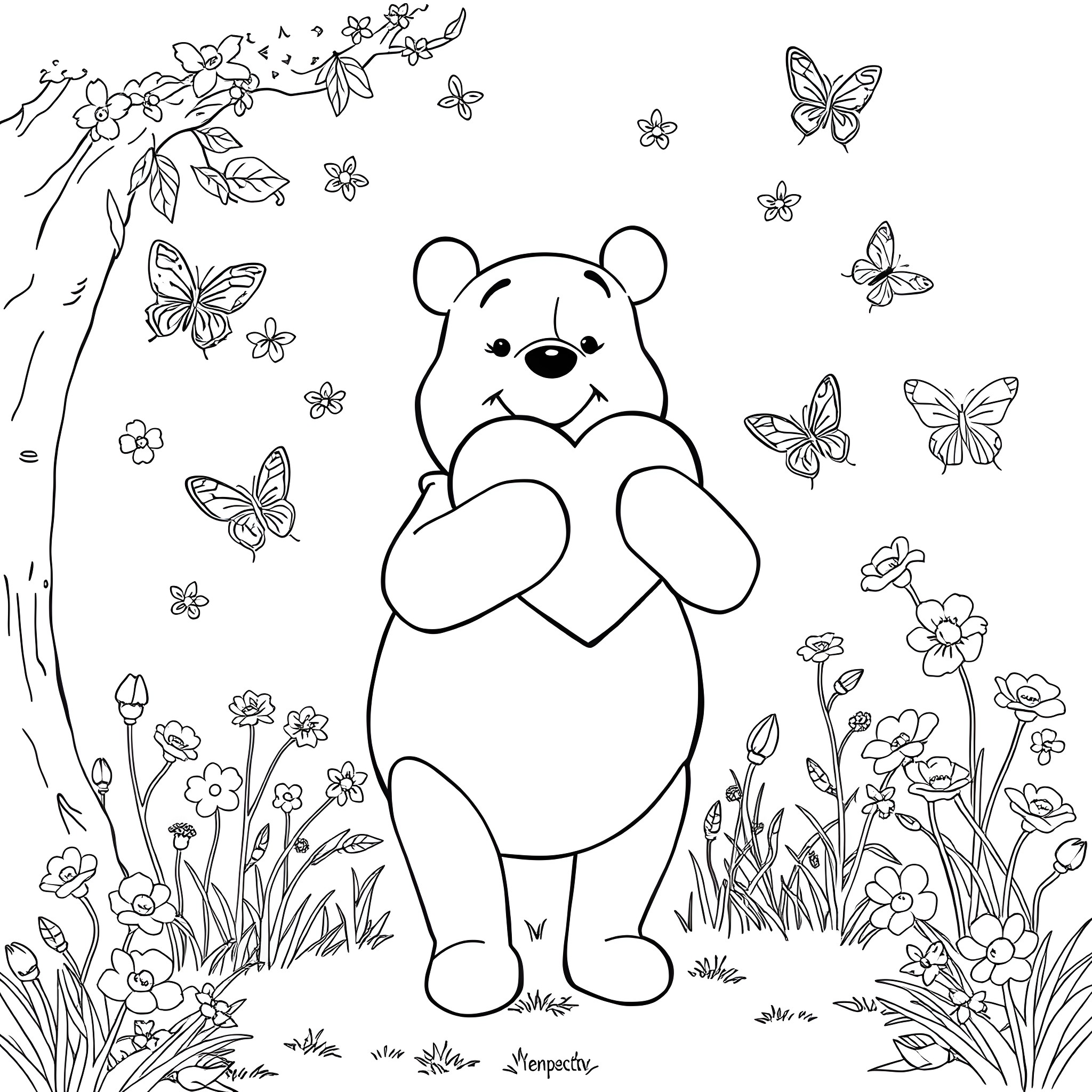 Winnie The Pooh surrounded by butterflies and flowers Coloring Page (free black-and-white line drawing printable PDF for all, from beginners to advanced learners, including children, teens, adults, and seniors)