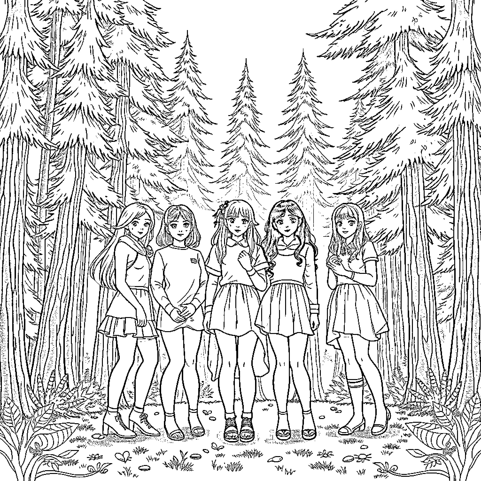 Teenagers exploring the enchanting forest Coloring Page (free black-and-white line drawing printable PDF for all, from beginners to advanced learners, including children, teens, adults, and seniors)