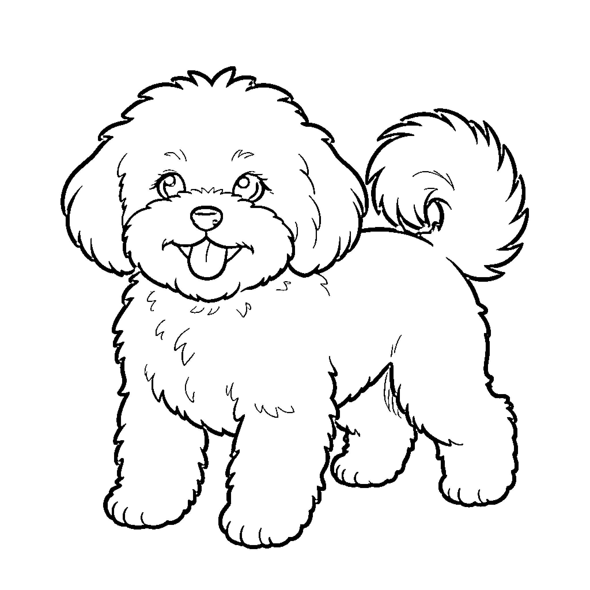 Bichon Frise puppy playing happily Coloring Page (free black-and-white line drawing printable PDF for all, from beginners to advanced learners, including children, teens, adults, and seniors)