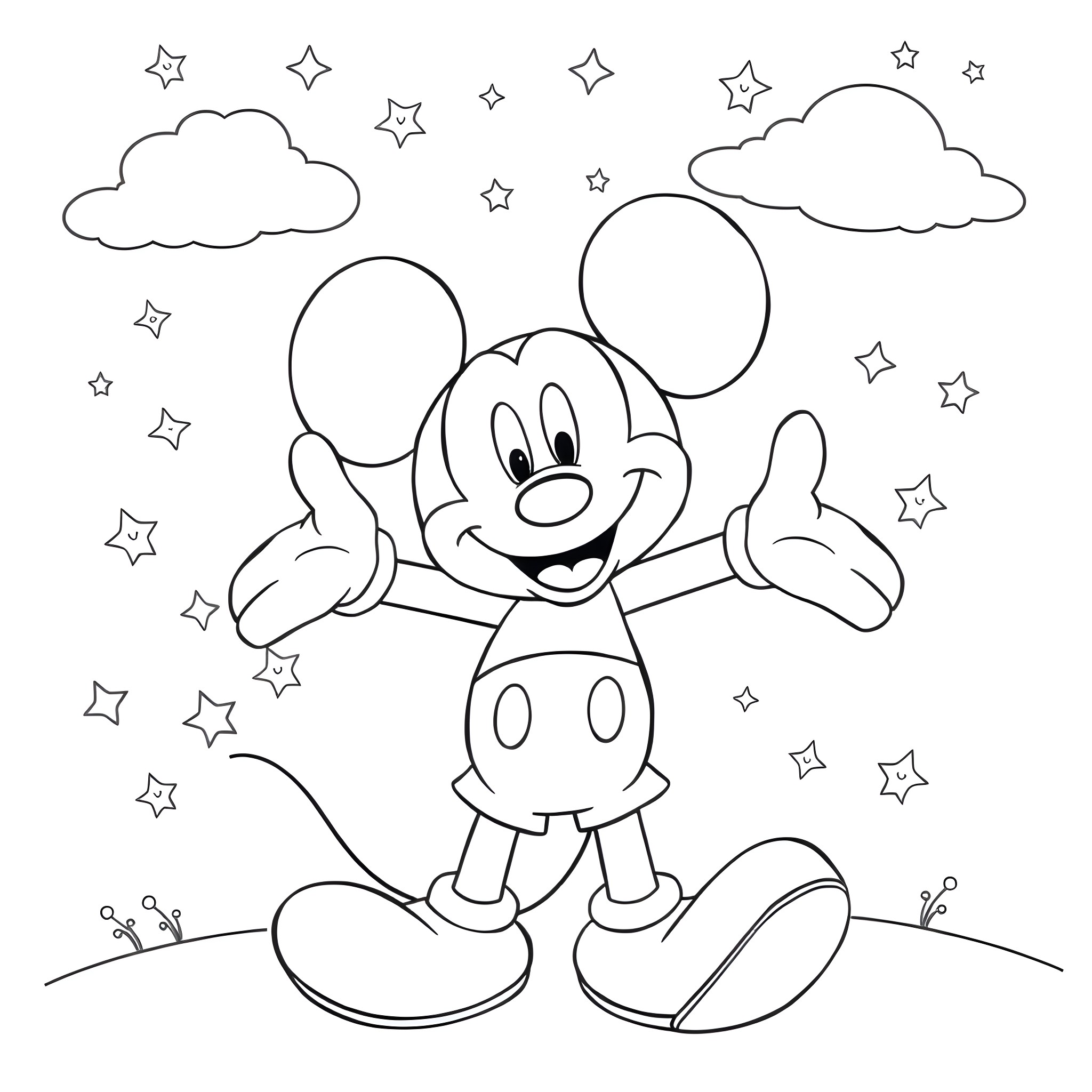Mickey Mouse happily exploring the starry night Coloring Page (free black-and-white line drawing printable PDF for all, from beginners to advanced learners, including children, teens, adults, and seniors)