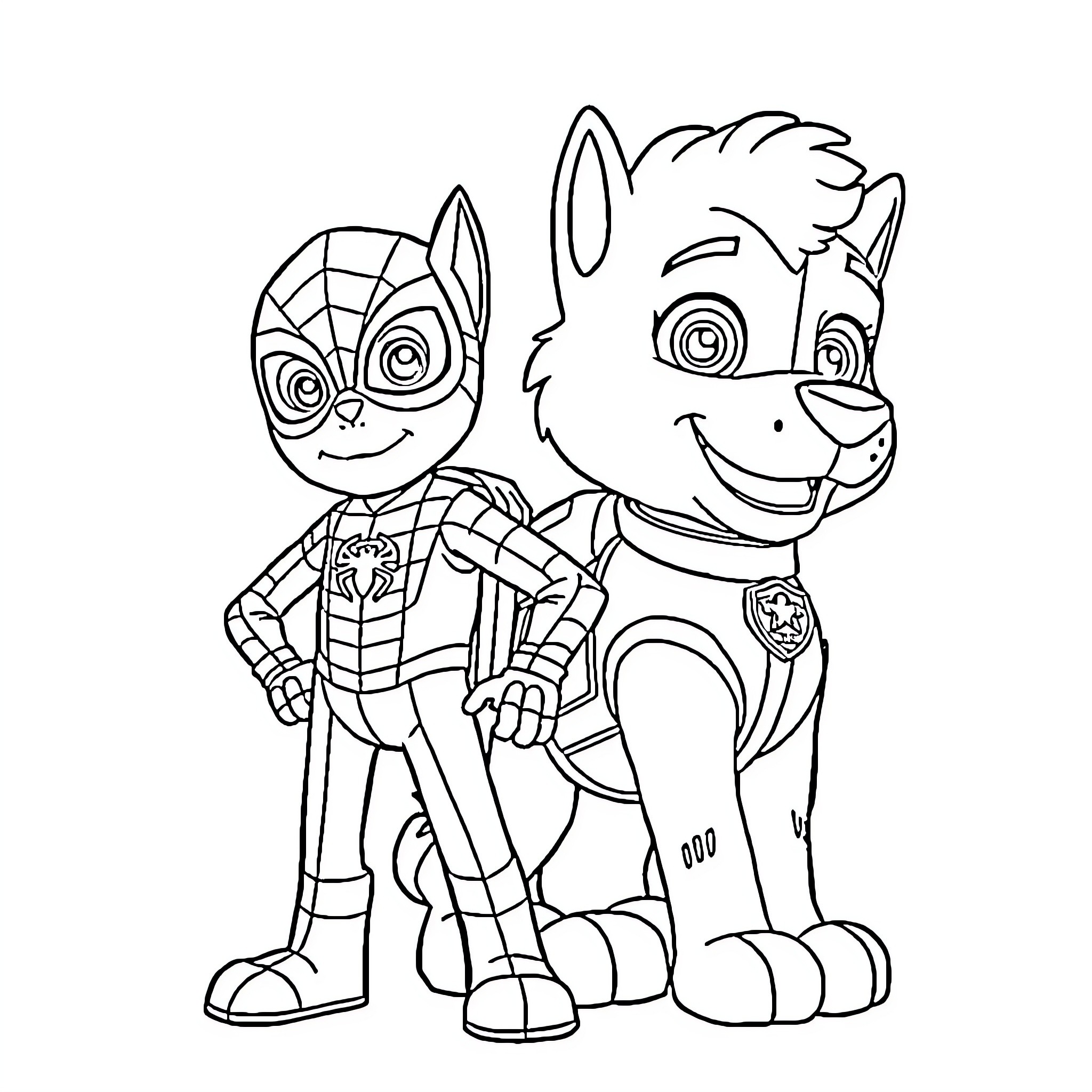 Spidey and Paw Patrol Pup Together Coloring Page (free black-and-white line drawing printable PDF for all, from beginners to advanced learners, including children, teens, adults, and seniors)