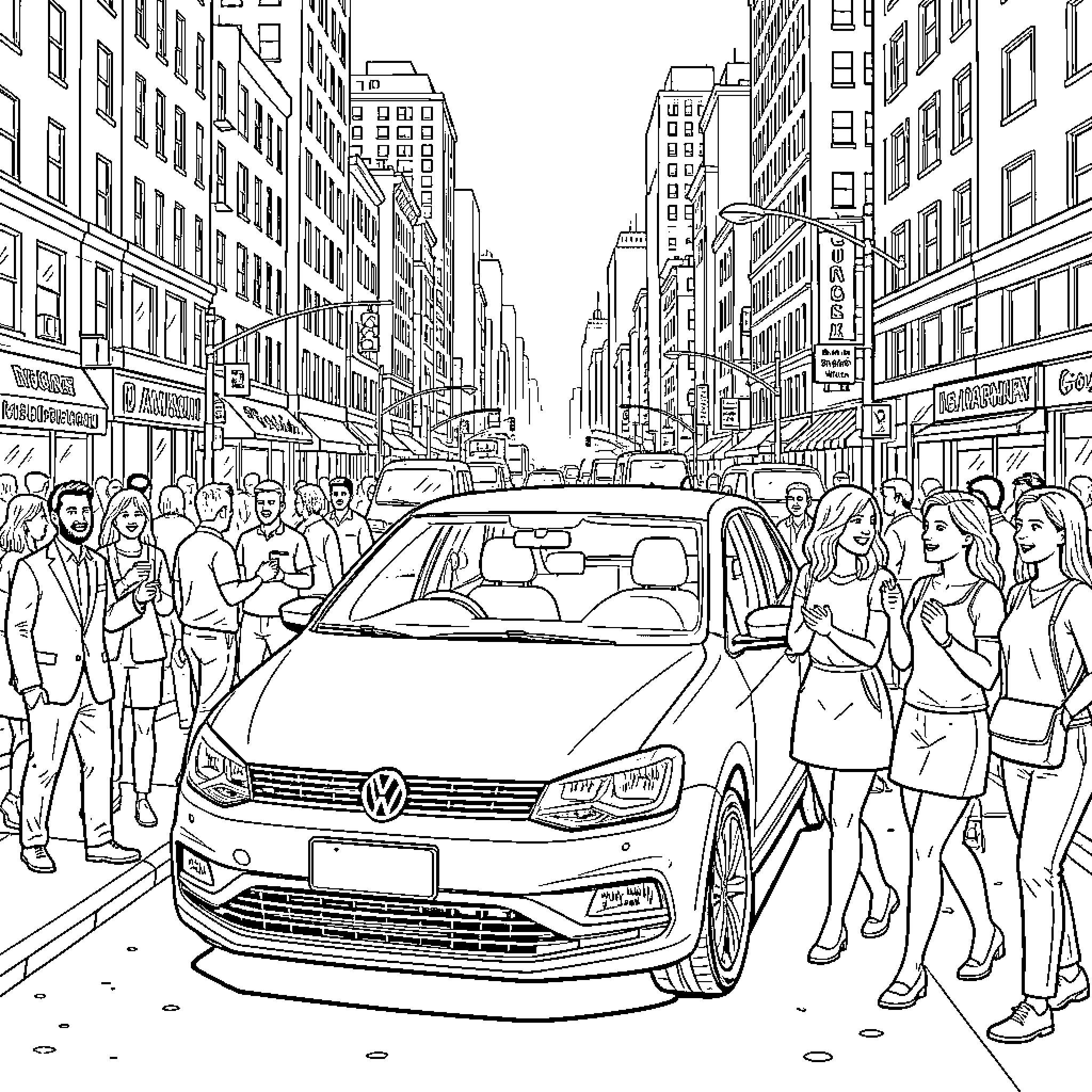Volkswagen Polo in a bustling city street Coloring Page (free black-and-white line drawing printable PDF for all, from beginners to advanced learners, including children, teens, adults, and seniors)