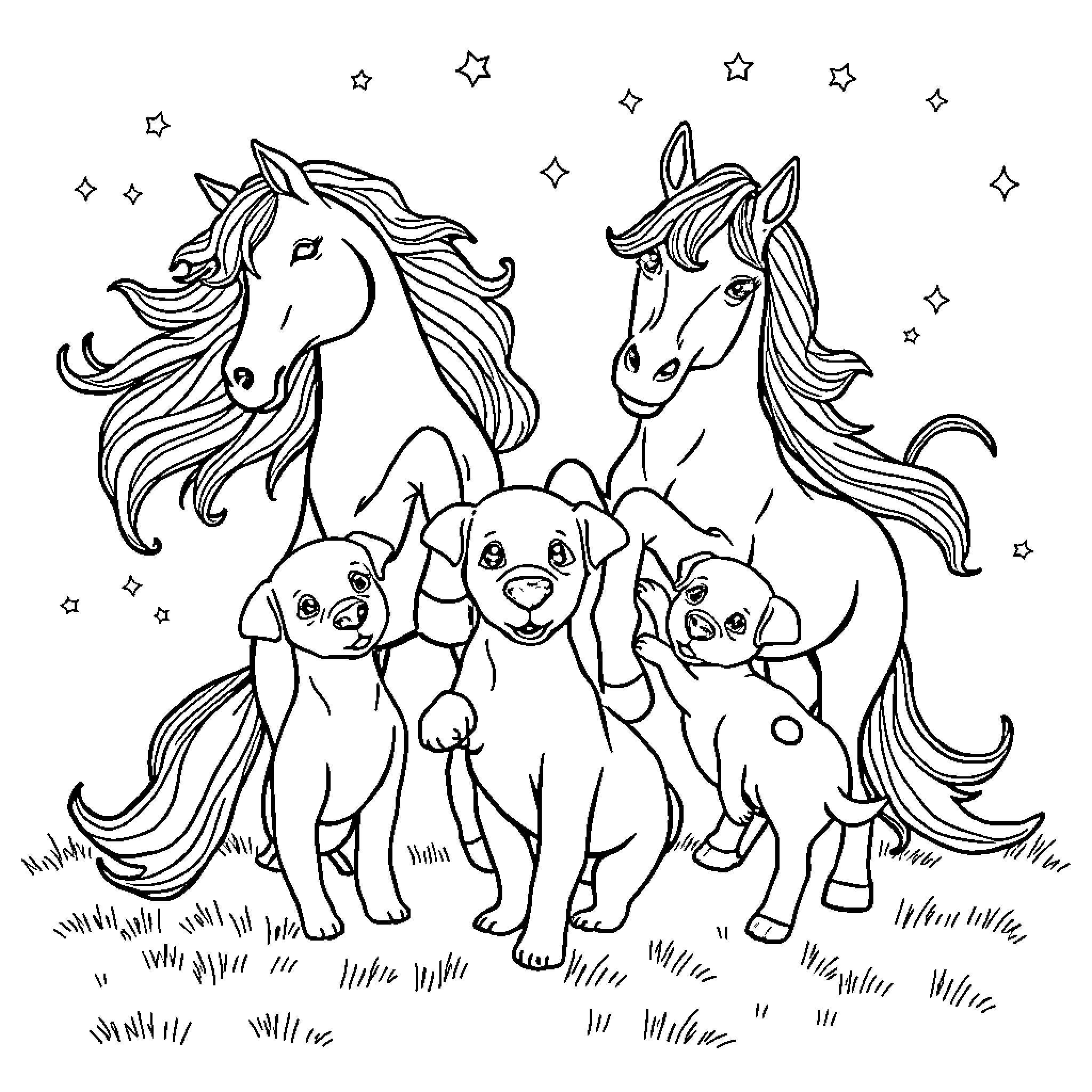 Horses and Their Furry Companions Coloring Page (free black-and-white line drawing printable PDF for all, from beginners to advanced learners, including children, teens, adults, and seniors)