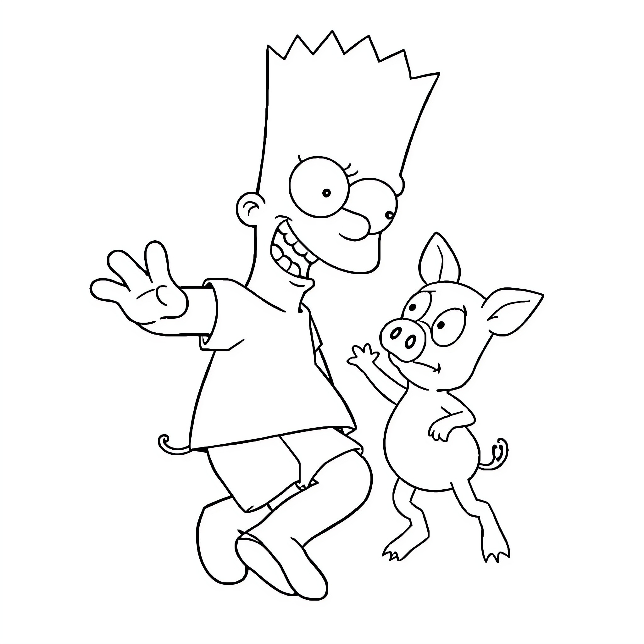 Bart Simpson's mischievous antics with Piggy Coloring Page (free black-and-white line drawing printable PDF for all, from beginners to advanced learners, including children, teens, adults, and seniors)