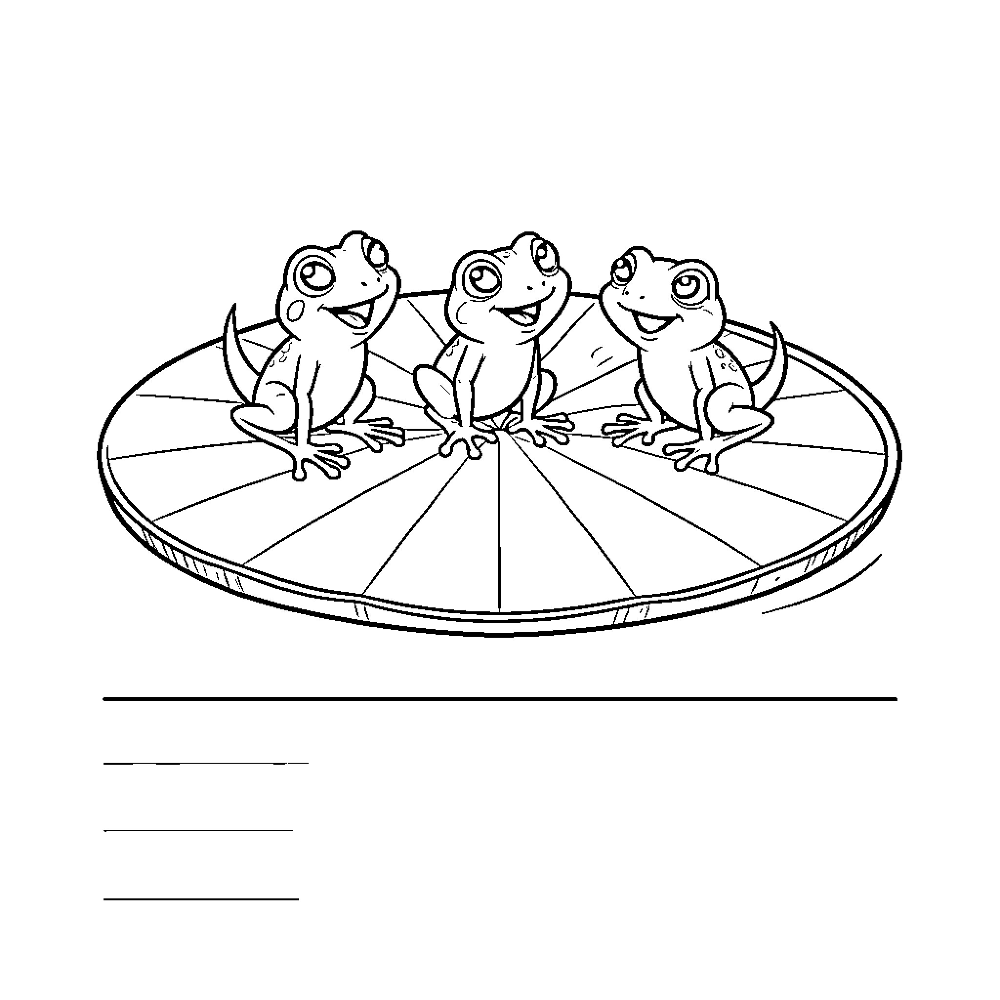 Frog trio performing on stage Coloring Page (free black-and-white line drawing printable PDF for all, from beginners to advanced learners, including children, teens, adults, and seniors)