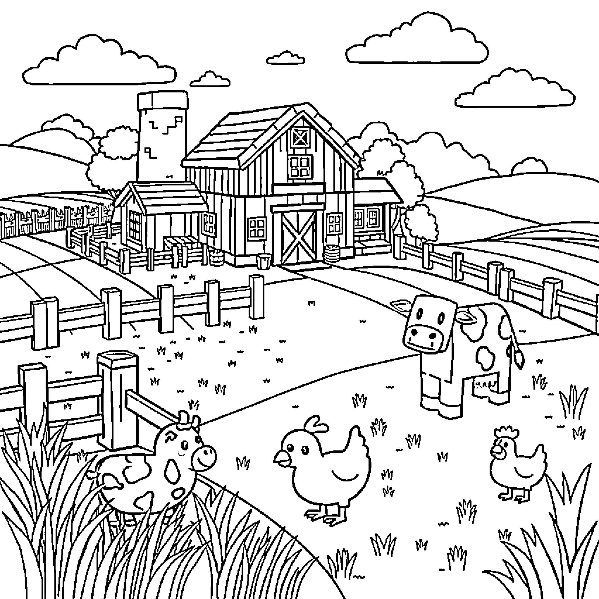 Minecraft Farm Life with Animals Coloring Page (free black-and-white line drawing printable PDF for all, from beginners to advanced learners, including children, teens, adults, and seniors)