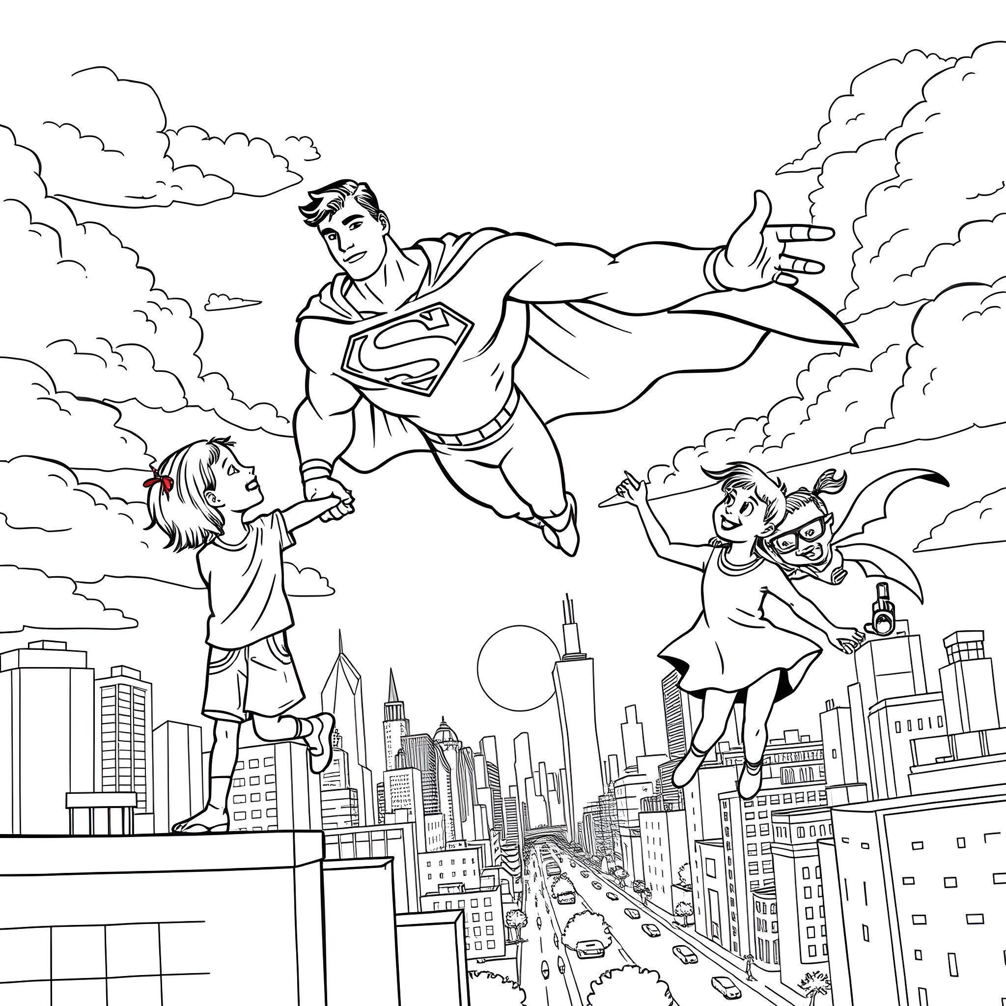Superman saving civilians in the city Coloring Page (free black-and-white line drawing printable PDF for all, from beginners to advanced learners, including children, teens, adults, and seniors)