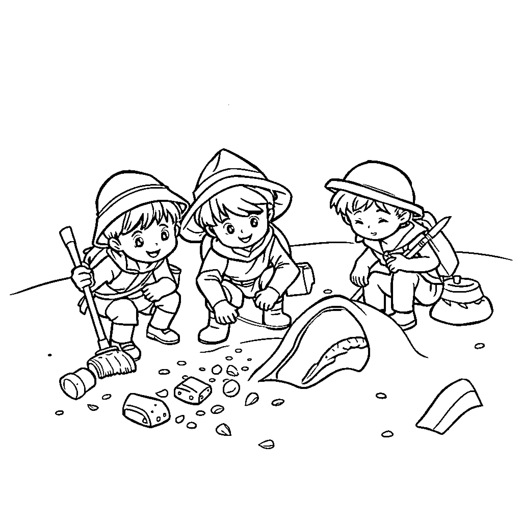 Archaeologist children exploring ancient ruins Coloring Page (free black-and-white line drawing printable PDF for all, from beginners to advanced learners, including children, teens, adults, and seniors)