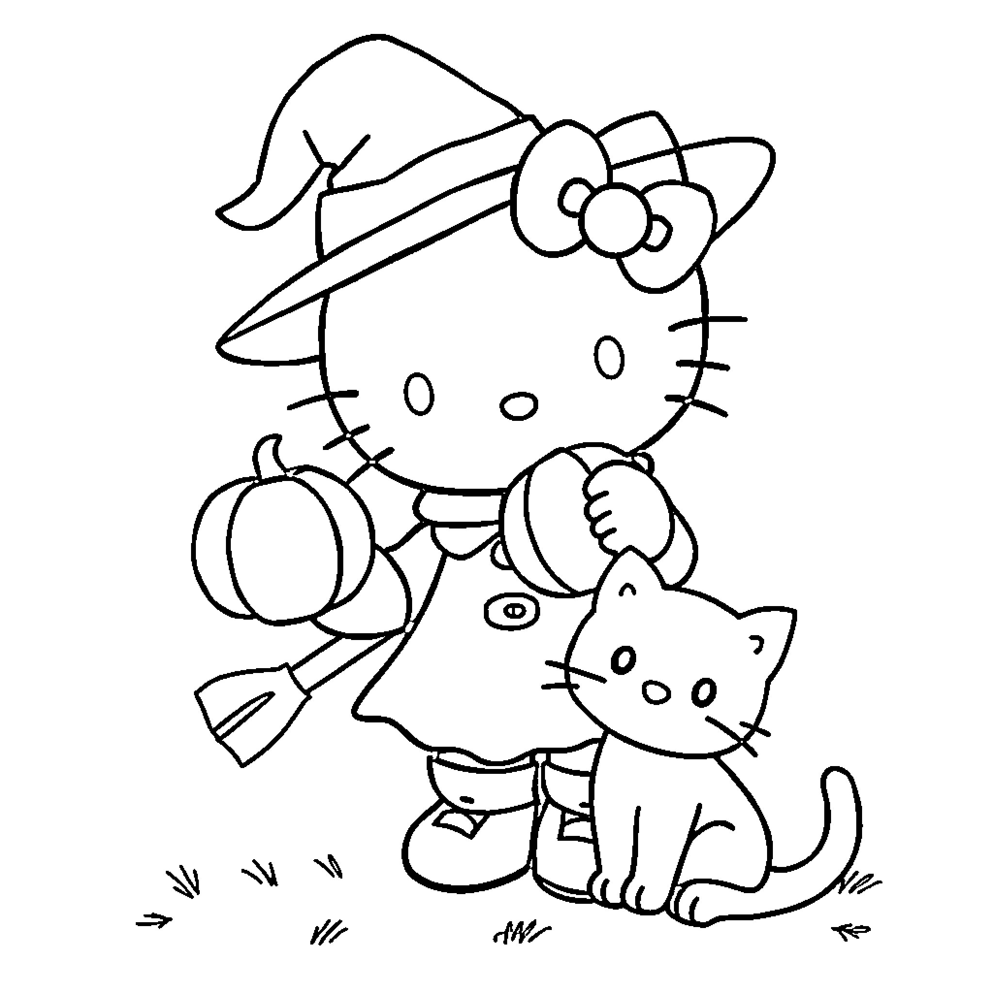 Hello Kitty Enjoying Halloween with Pumpkin and Kitten Coloring Page (free black-and-white line drawing printable PDF for all, from beginners to advanced learners, including children, teens, adults, and seniors)