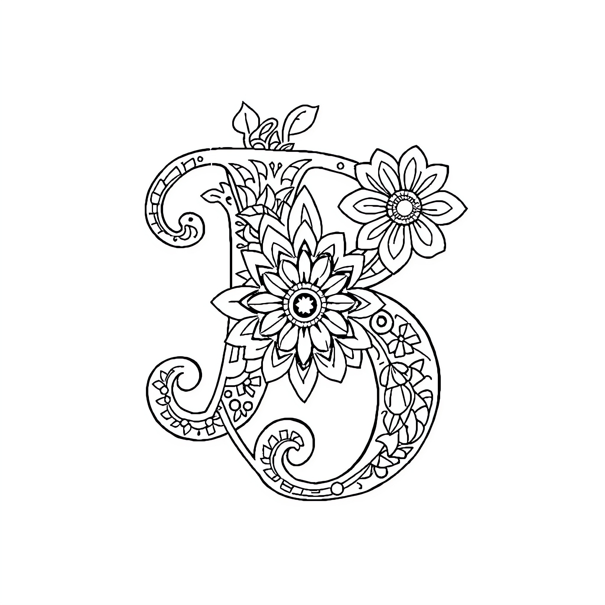 Letter B with Floral Patterns and Swirls Coloring Page (free black-and-white line drawing printable PDF for all, from beginners to advanced learners, including children, teens, adults, and seniors)