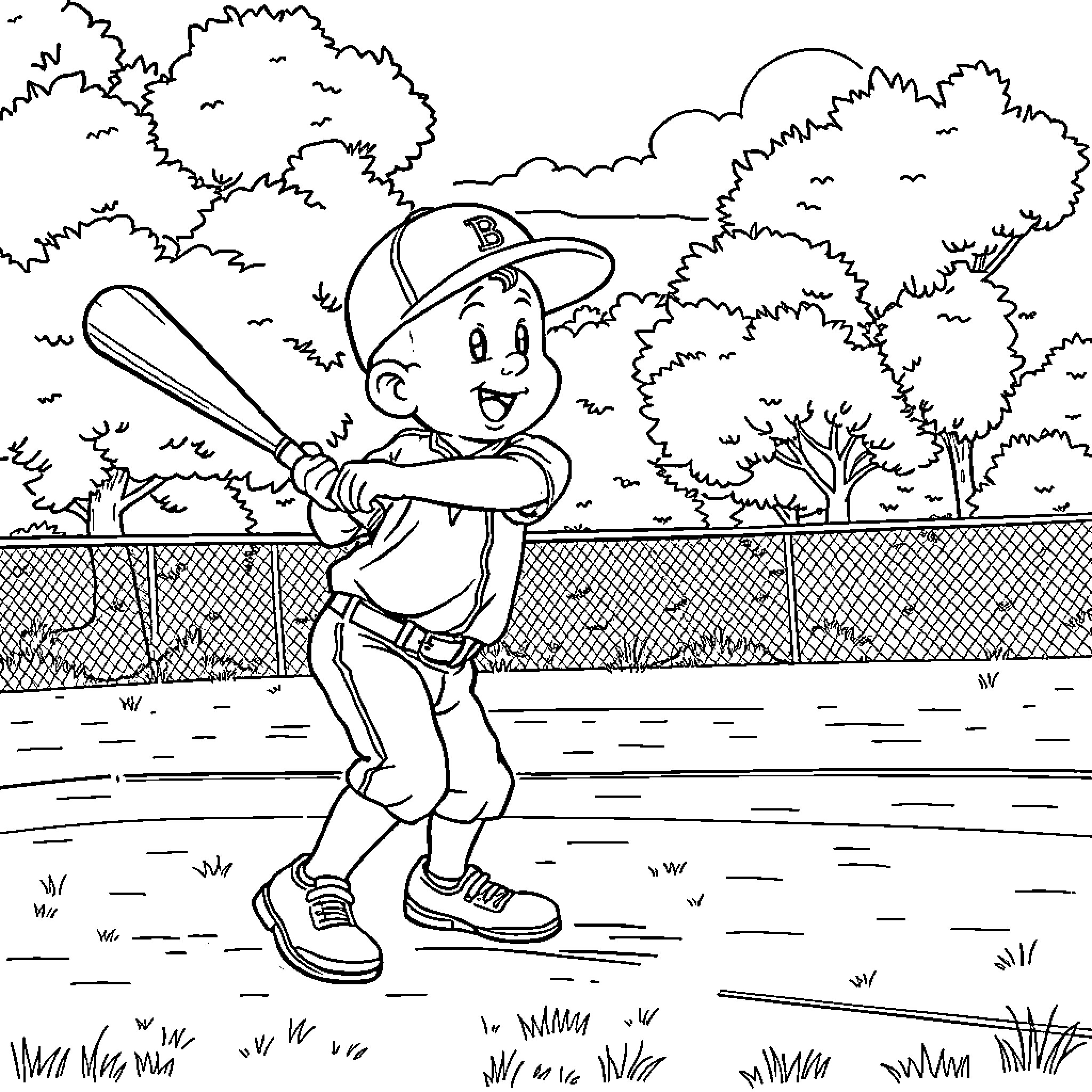 Freddy Playing Baseball on the Field Coloring Page (free black-and-white line drawing printable PDF for all, from beginners to advanced learners, including children, teens, adults, and seniors)